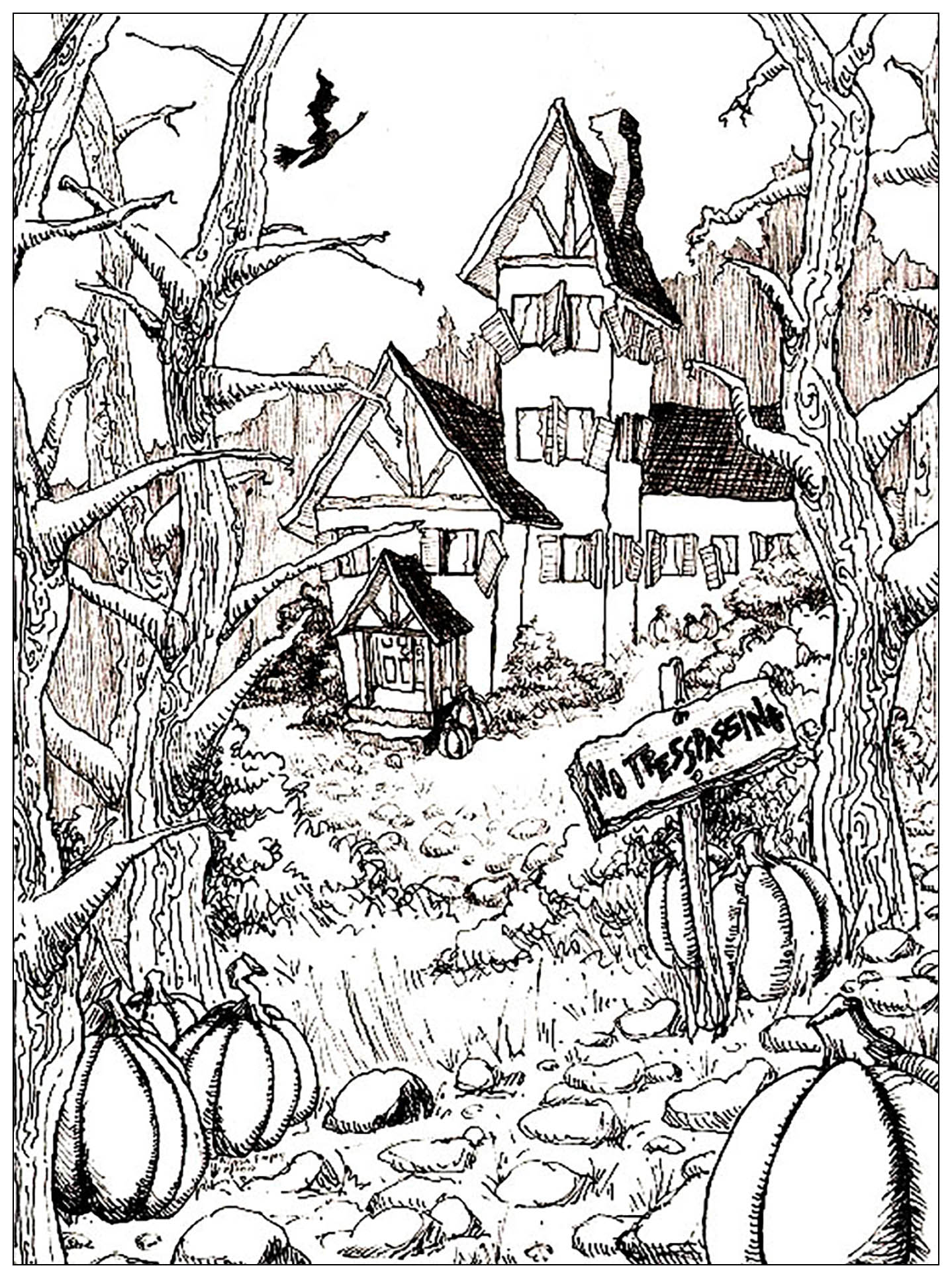 Haunted house and pumpkins - Halloween Adult Coloring Pages