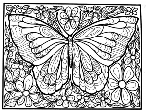 Complex coloring of a large butterfly surrounded by flowers