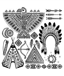 coloriage-indien-d-amerique-differents-symboles-typiques