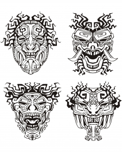 coloriage-adulte-masques-inspiration-inca-maya-azteque
