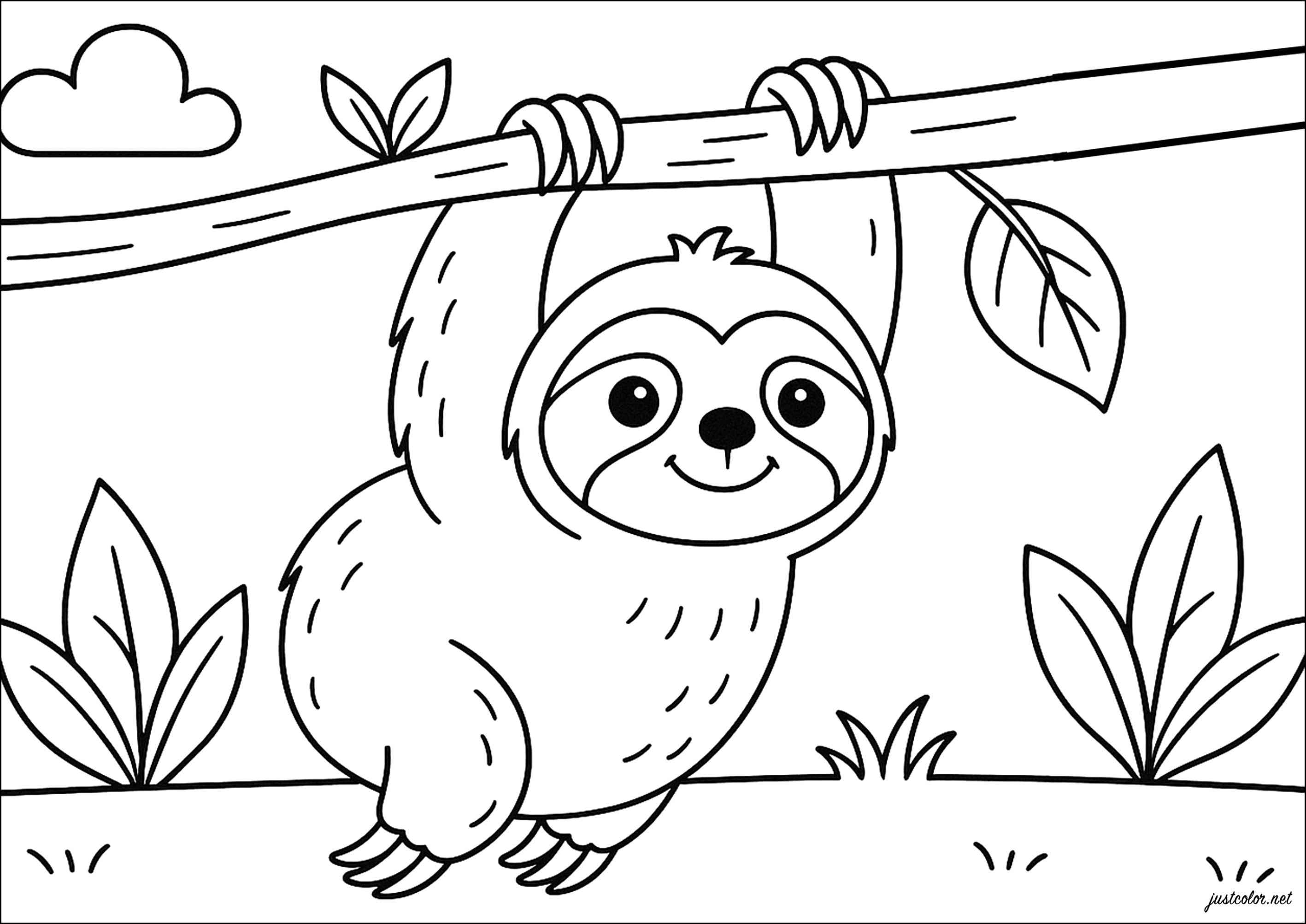 Bradipo sospeso in natura (Pagina da Colorare per bambini)