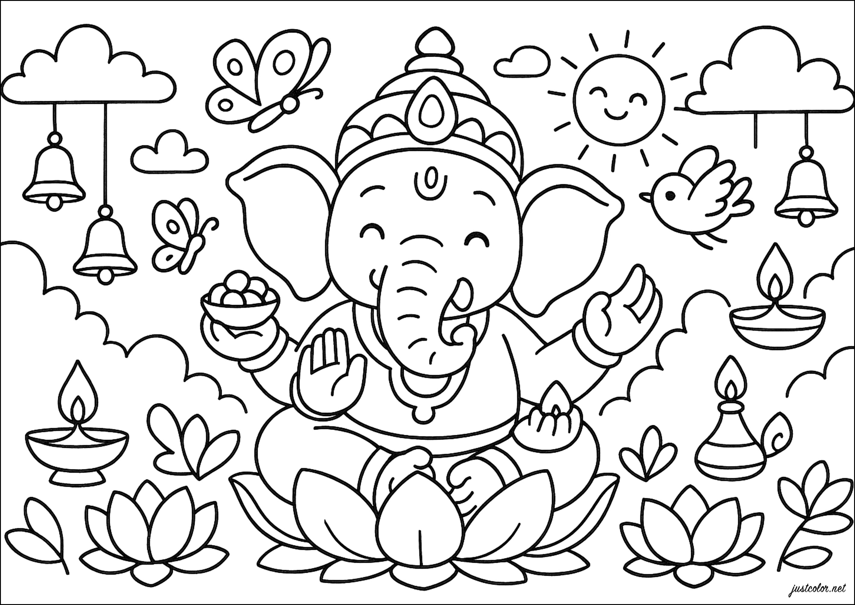 Ganesha gioioso tra i loti (Pagina Induismo da Colorare per bambini)