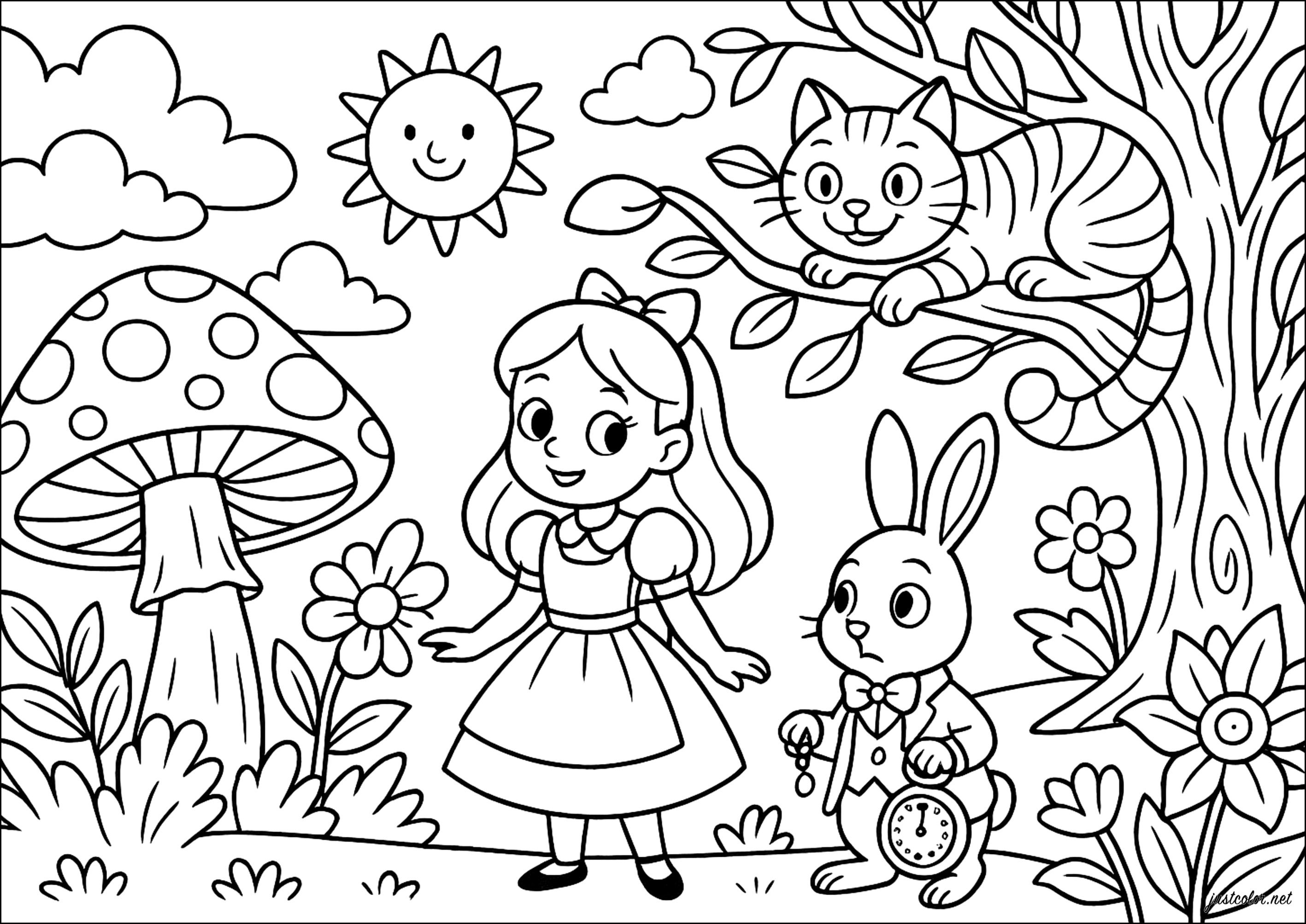 Alice nel Paese delle Meraviglie e i suoi amici (Pagina da Colorare per bambini)