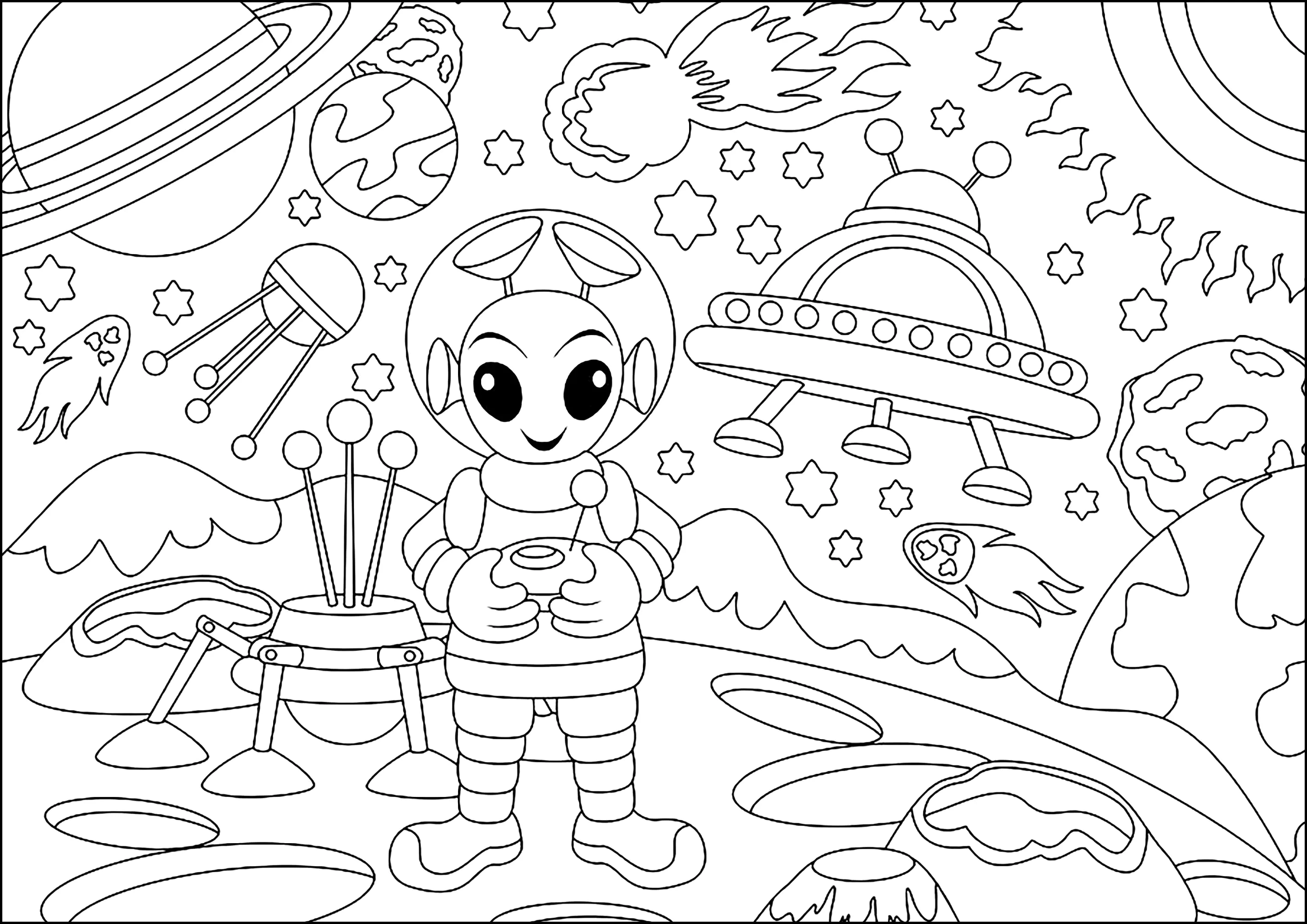 Atterraggio alieno su un pianeta sconosciuto (Pagina da Colorare per bambini)