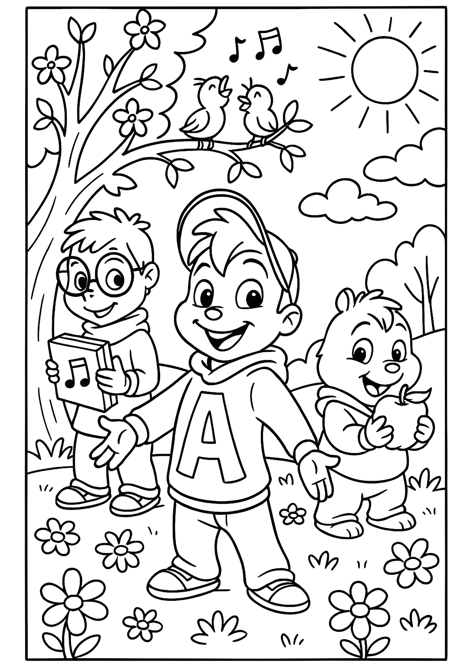I tre fratelli in un giardino soleggiato (Pagina Alvin Superstar da Colorare per bambini)