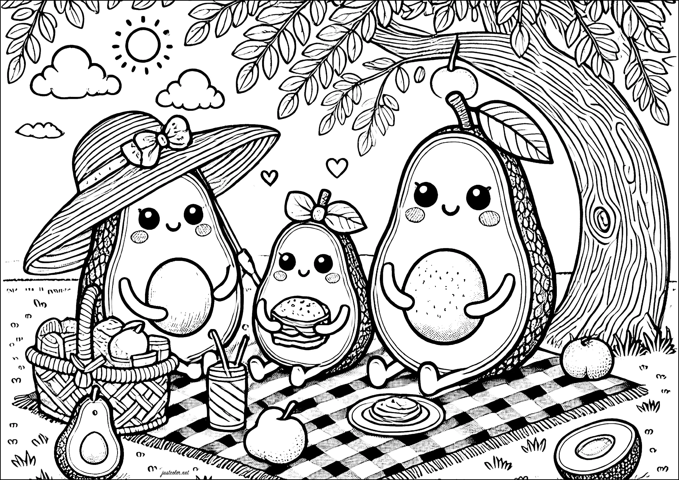 La famiglia di avocado fa un picnic (Pagina da Colorare per bambini)