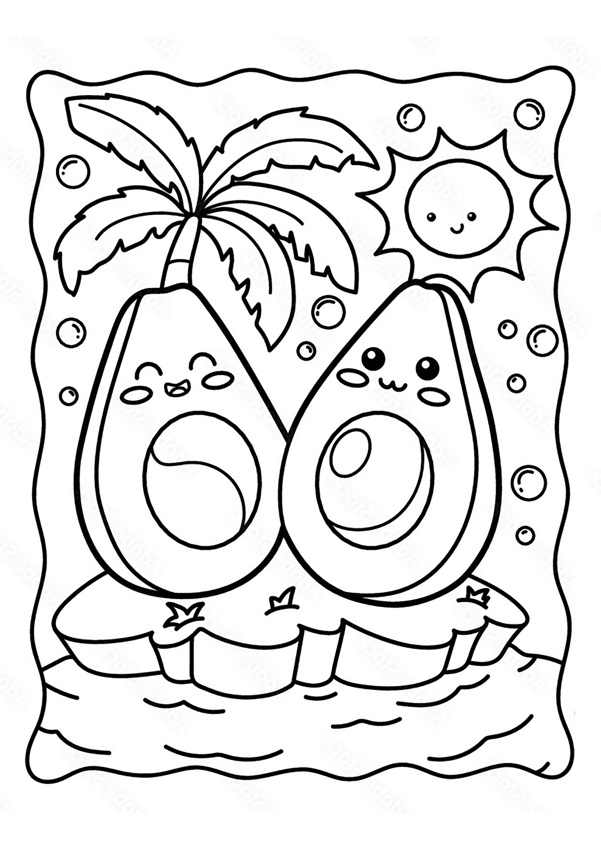 Pagina da Colorare : Due avocado su un'isola deserta Pagina da Colorare per bambini : Due avocado su un'isola deserta