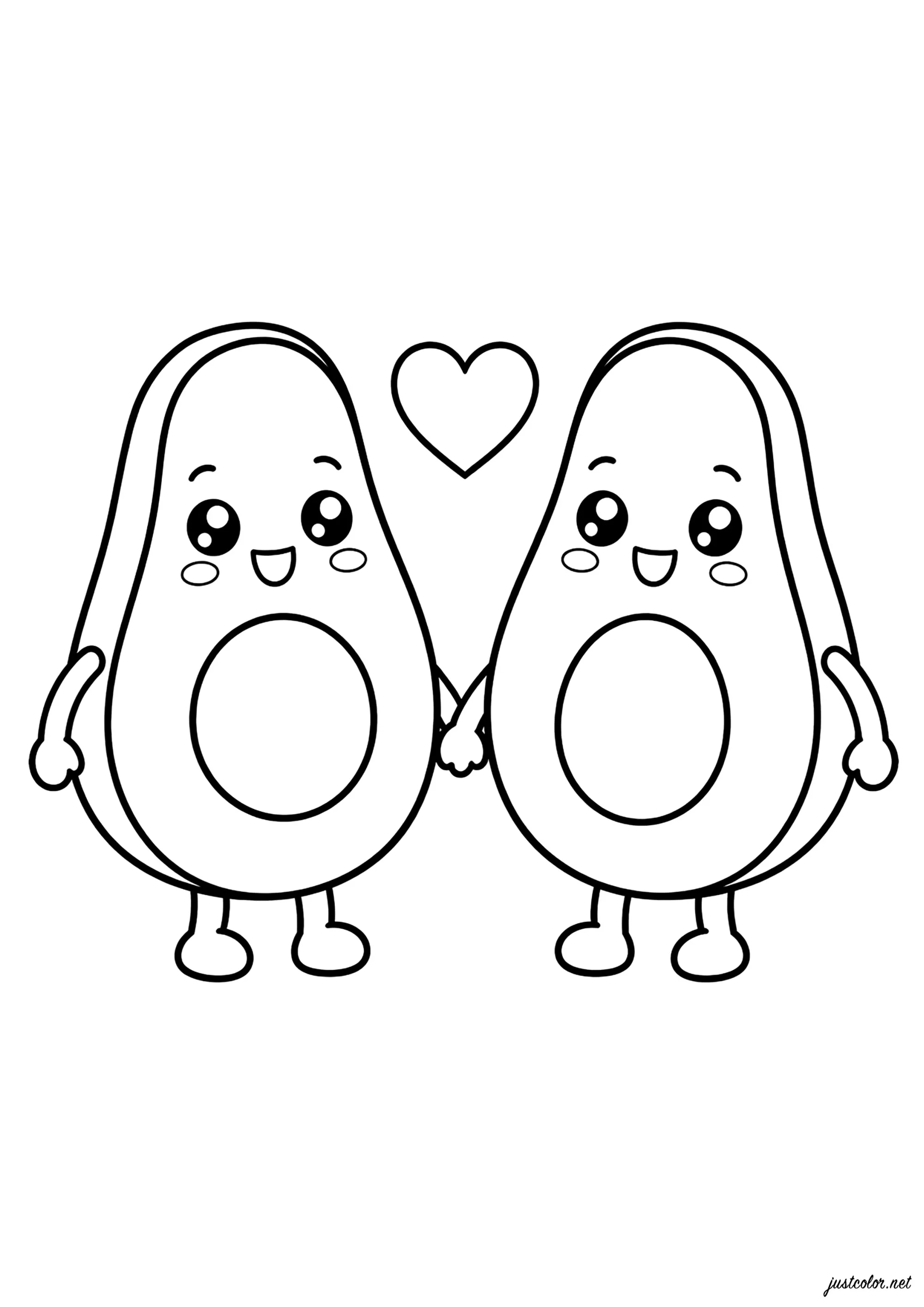 Due Avocado innamorati (stile Kawai) (Pagina da Colorare per bambini)