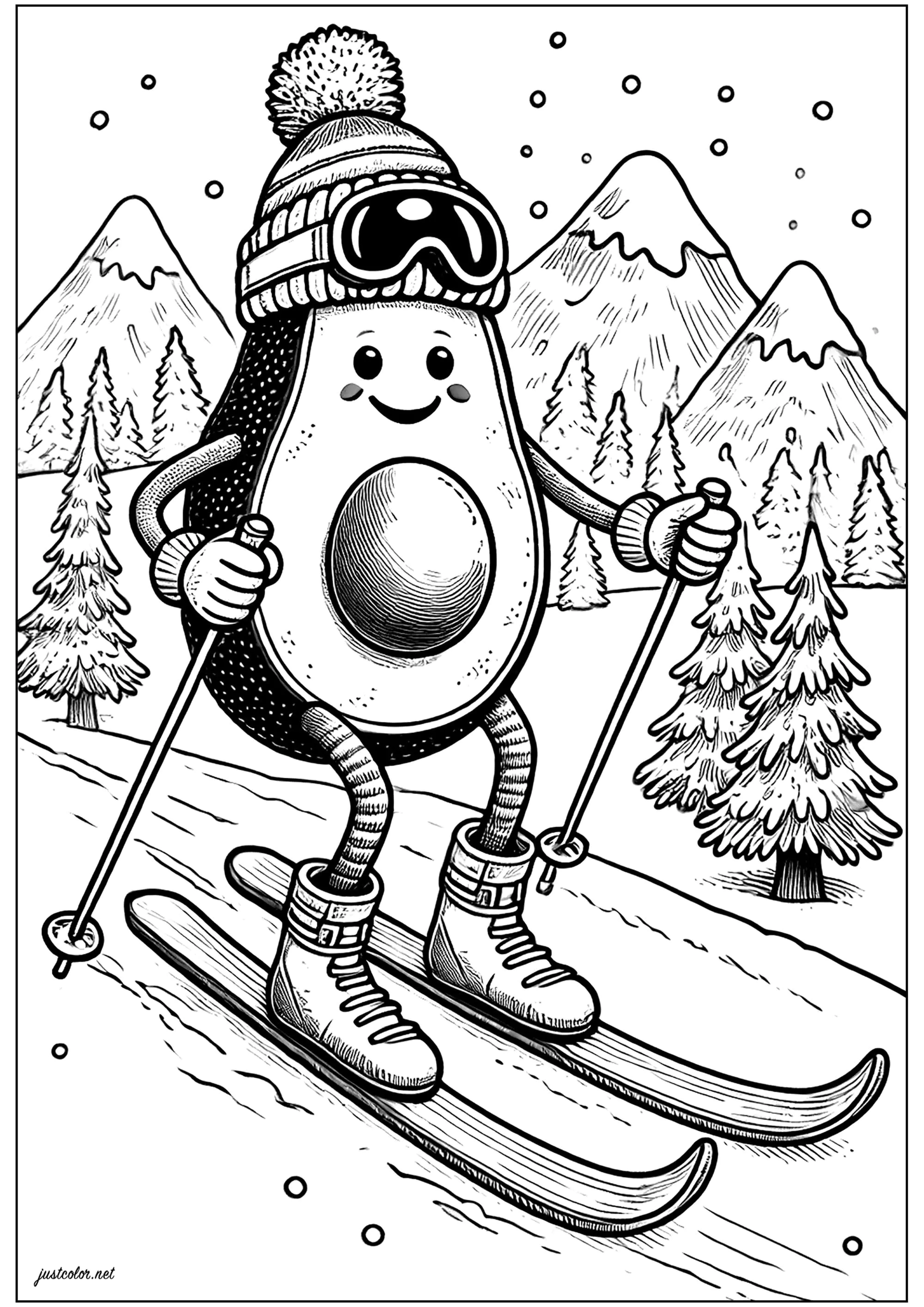Avocado negli sport invernali, sugli sci (Pagina da Colorare per bambini)