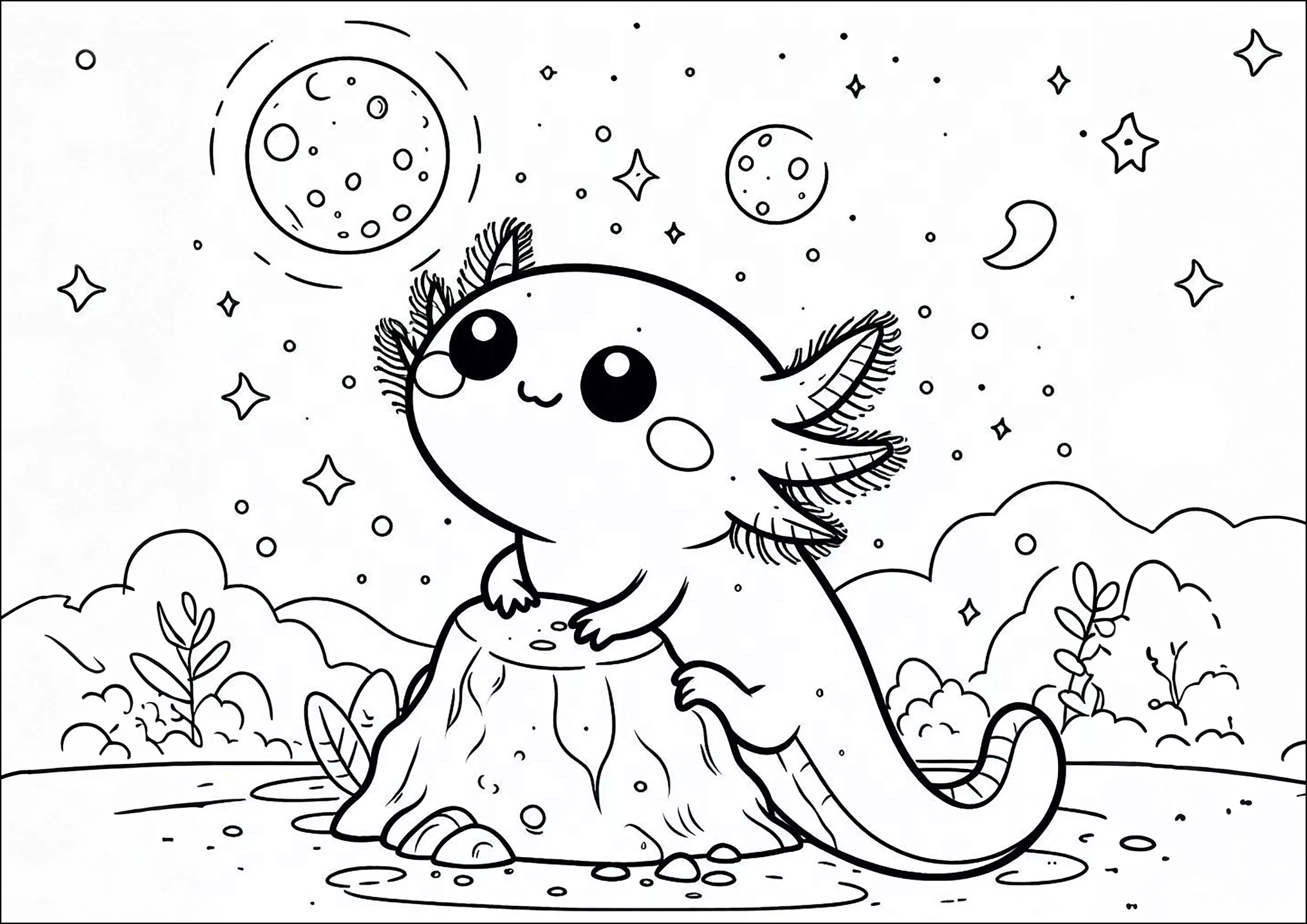 Axoloti ammira il cielo notturno e la luna (Pagina Axolotl da Colorare per bambini)
