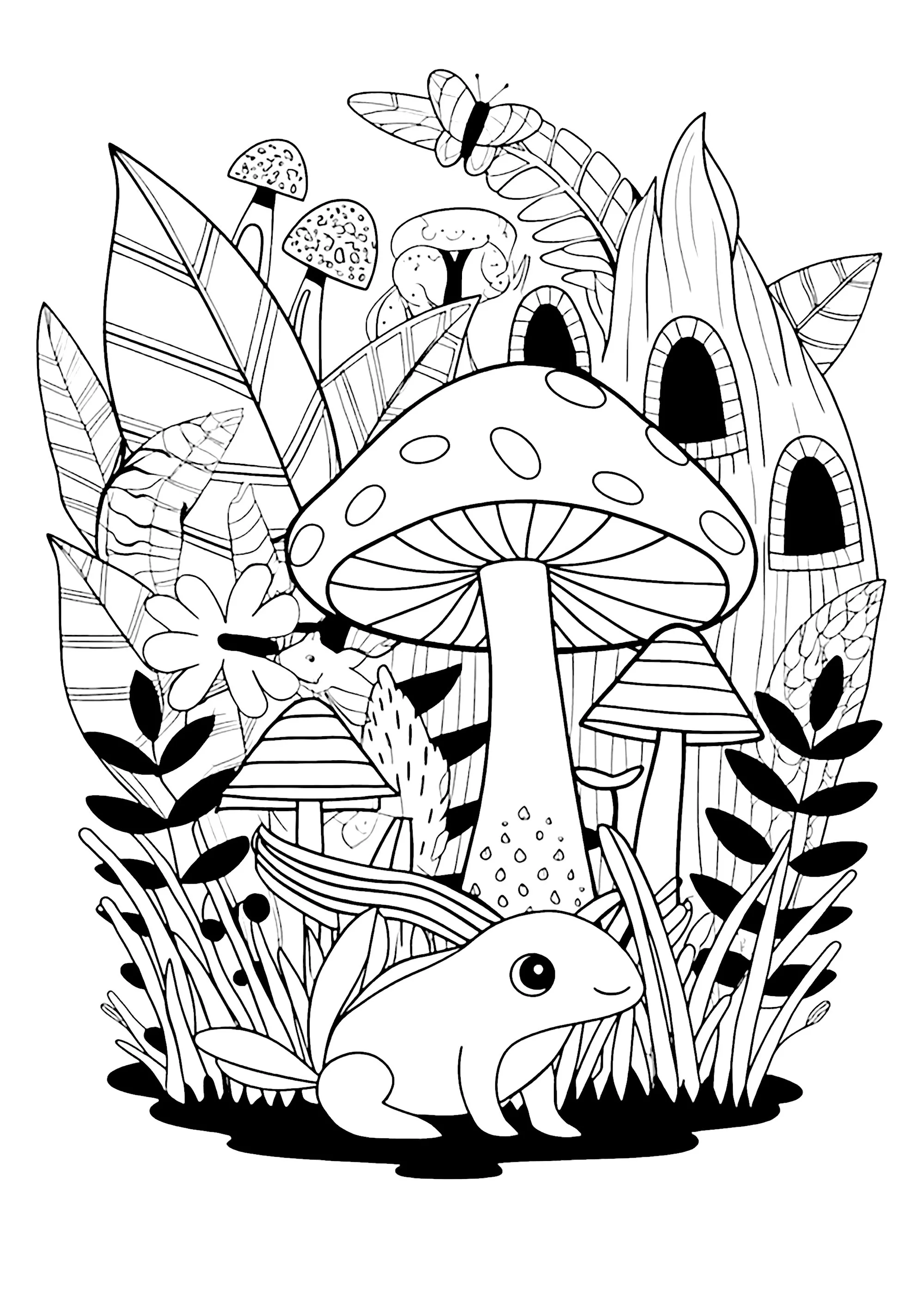 Axoloti con funghi e bella vegetazione (Pagina Axolotl da Colorare per bambini)