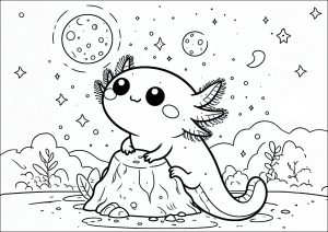 Axoloti ammira il cielo notturno e la luna (Pagina Axolotl da Colorare)