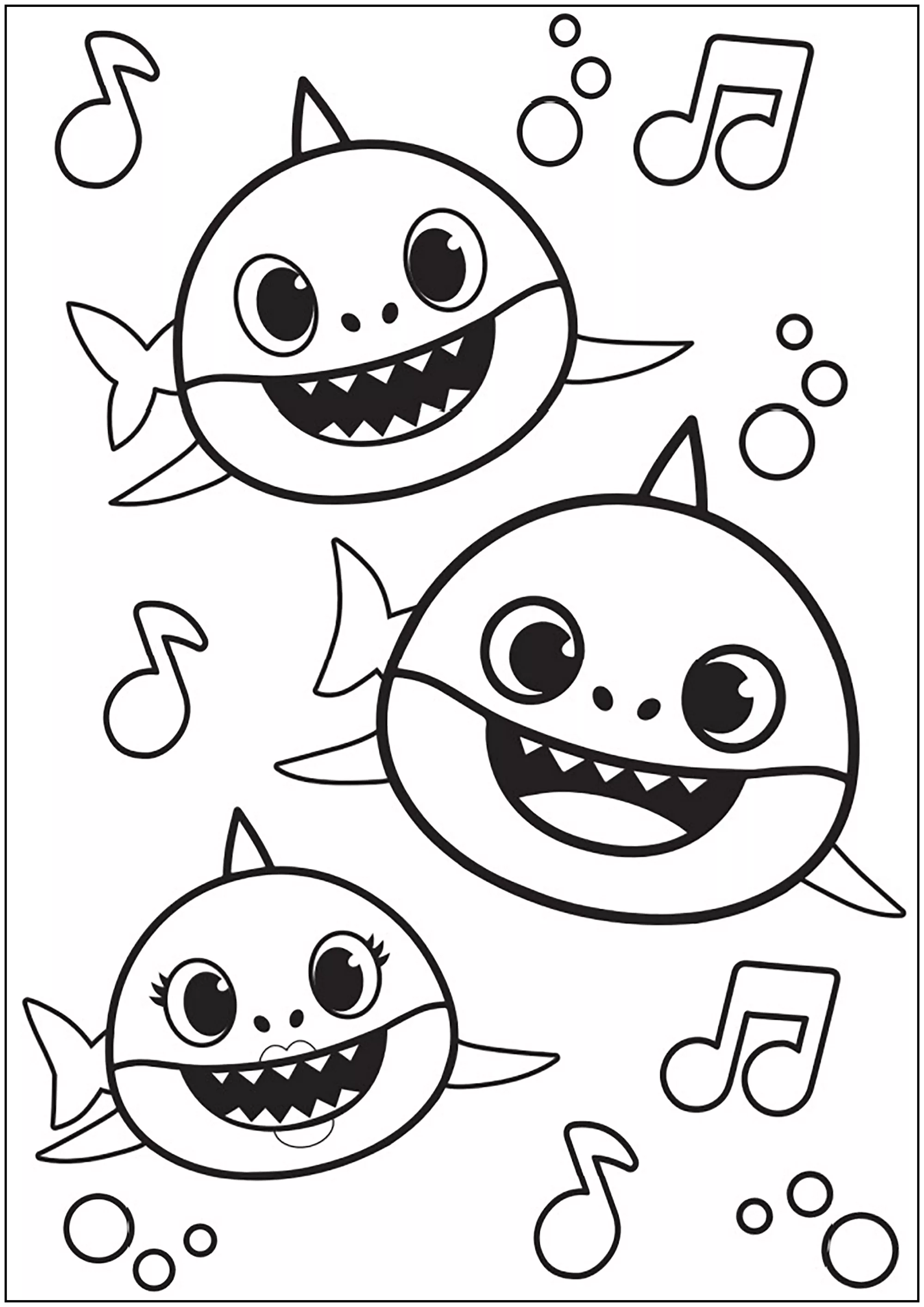 Baby Shark: Tre squali nuotano a ritmo di musica. (Pagina da Colorare per bambini)