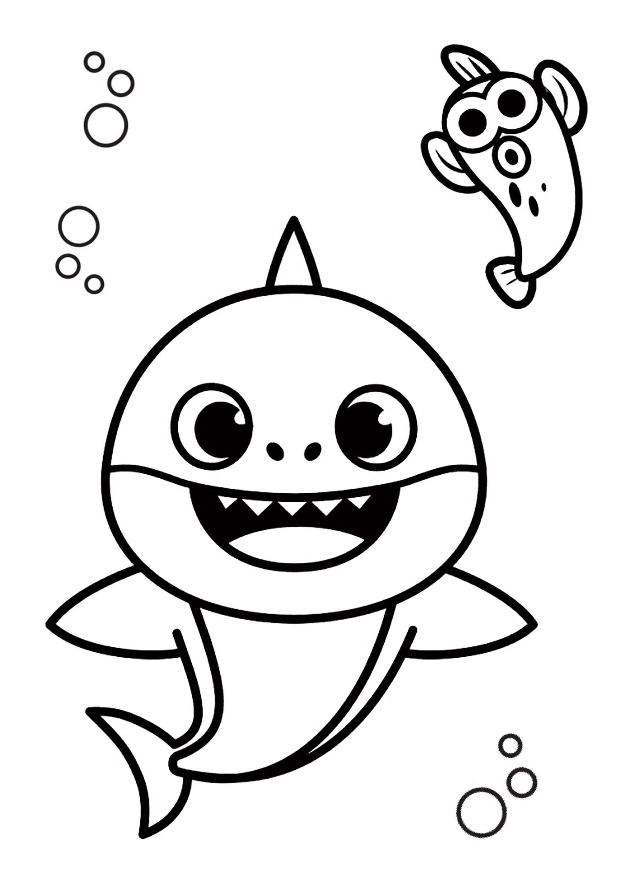 Baby Shark e un amico pesce, con delle bolle. (Pagina da Colorare per bambini)