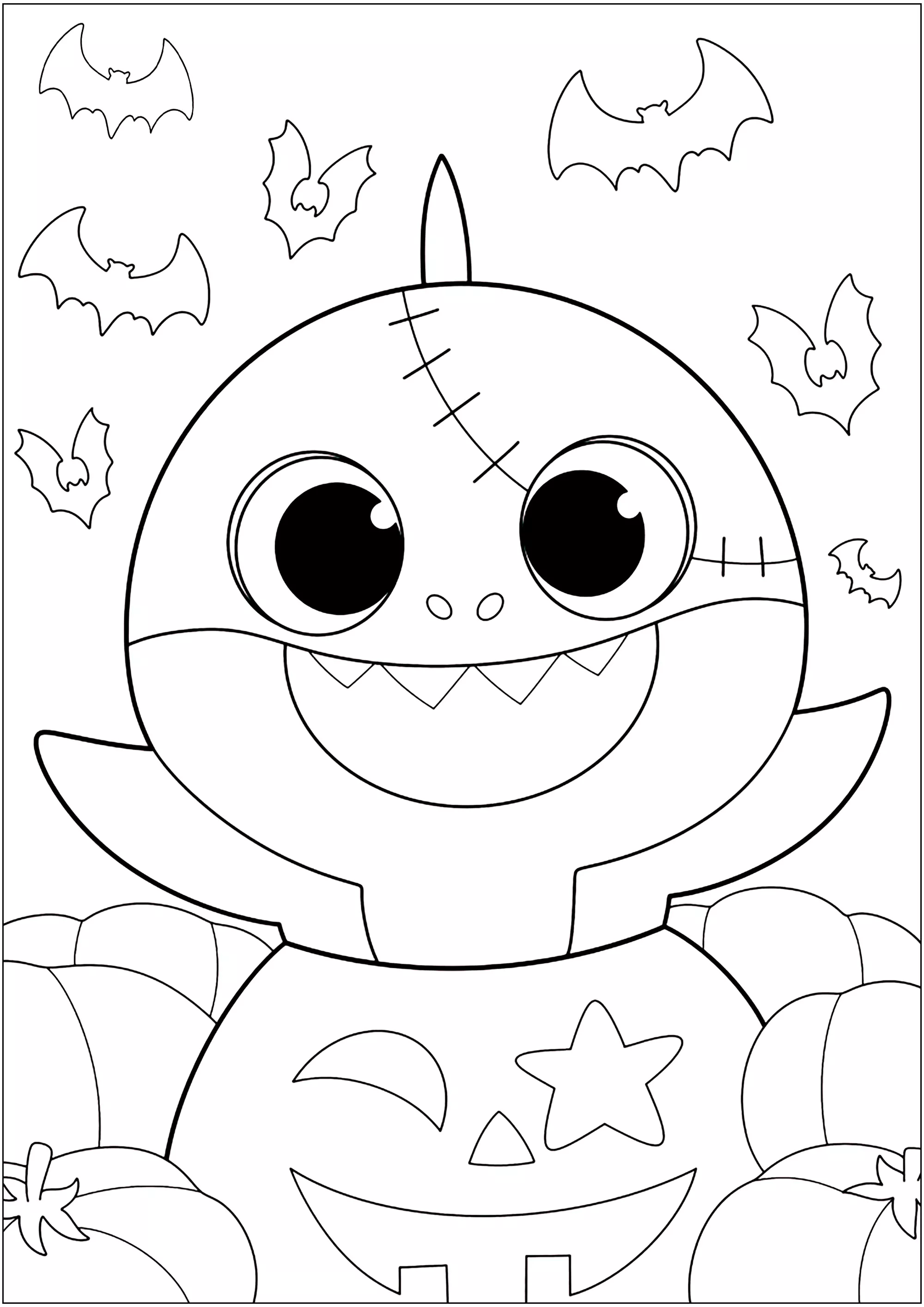 Halloween con Baby Shark: pipistrelli e zucche. (Pagina da Colorare per bambini)