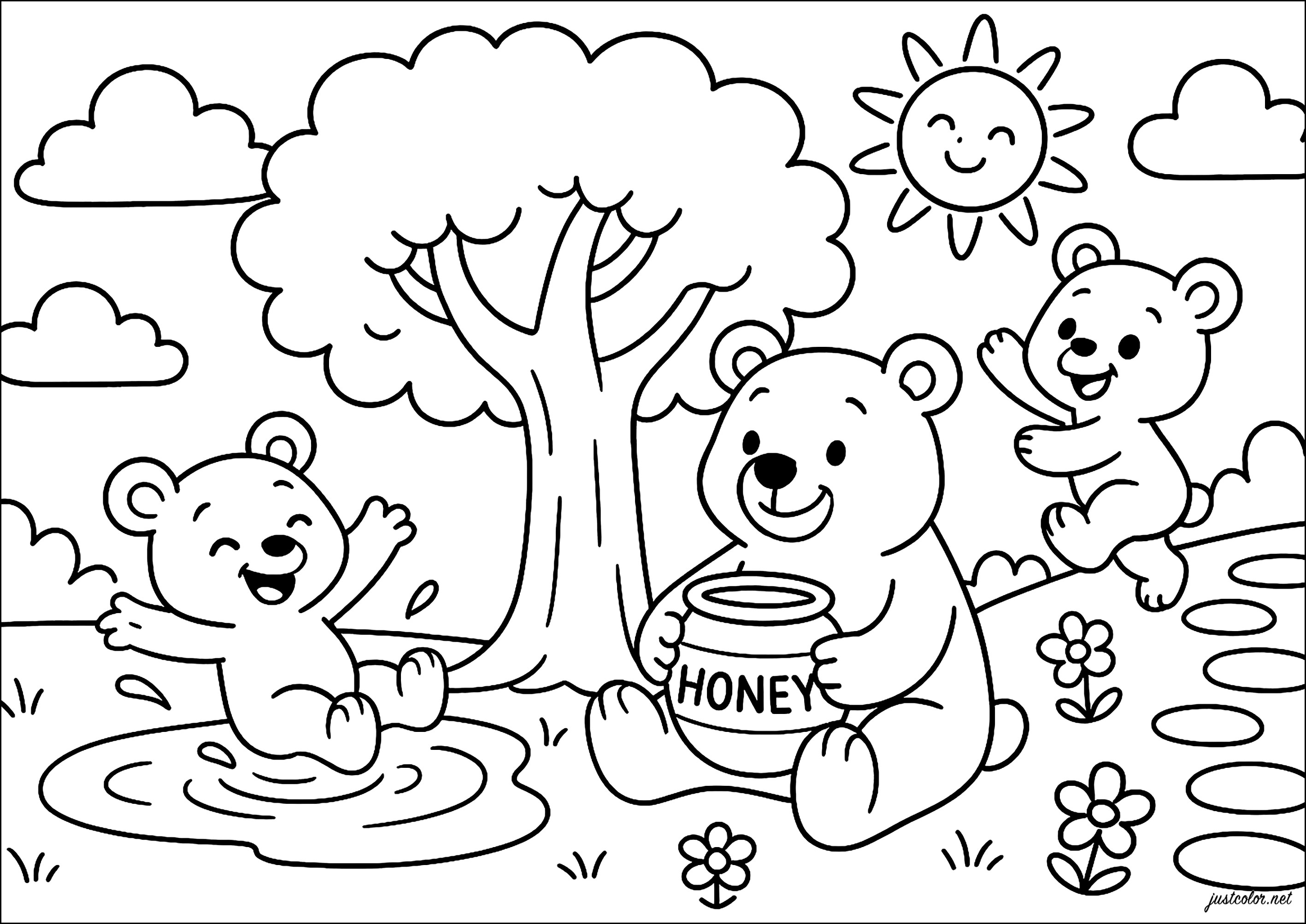 Giornata soleggiata con orsi gioiosi (Pagina Bären da Colorare per bambini)