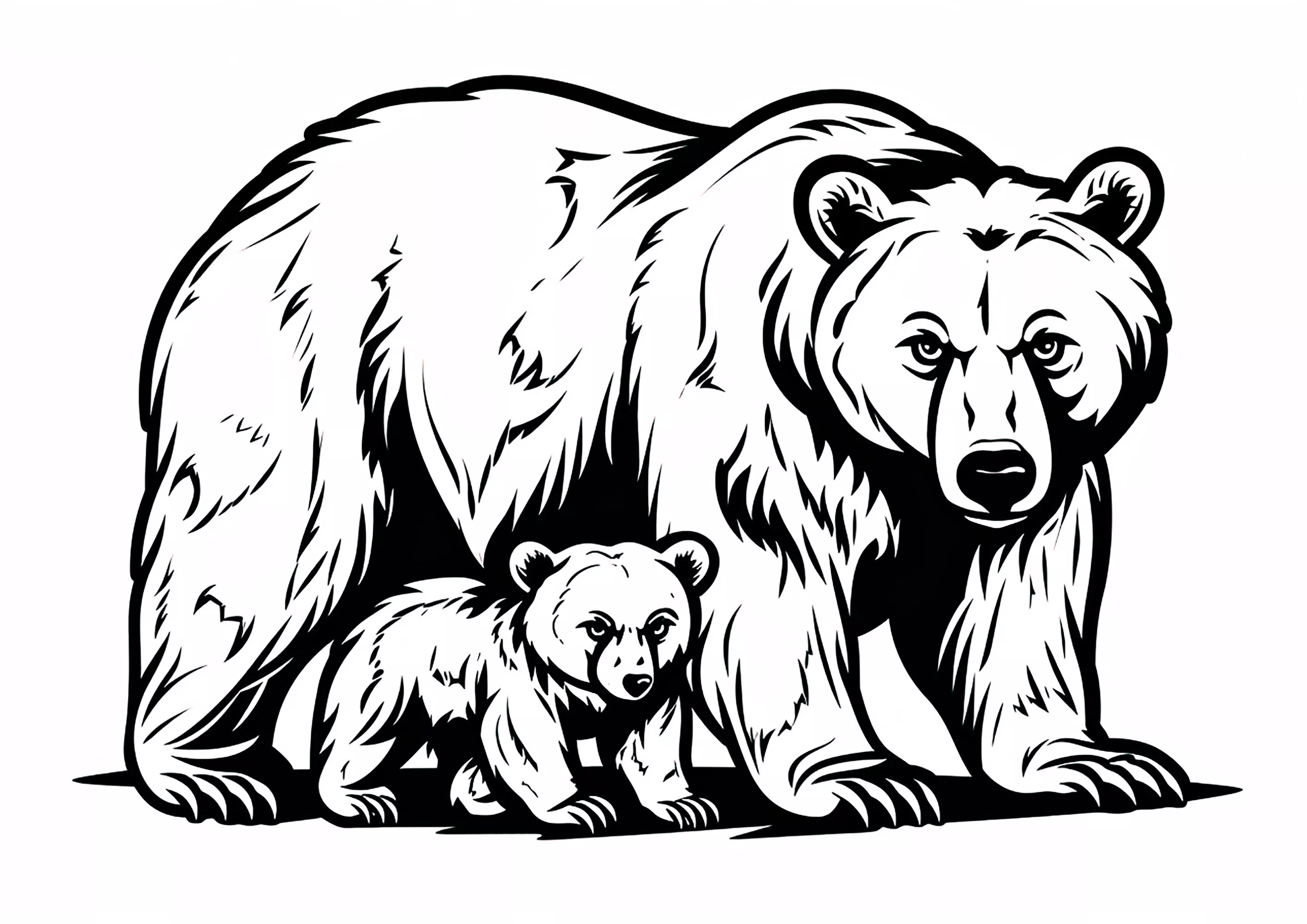 Due orsi in un disegno dai contorni spessi. (Pagina Bären da Colorare per bambini)
