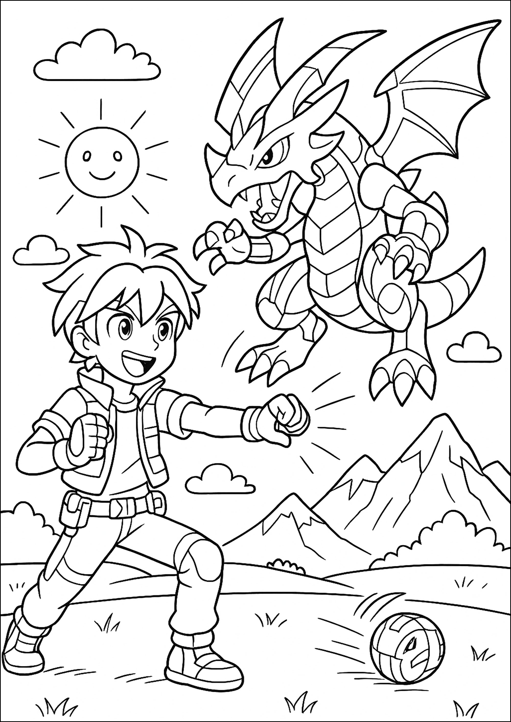 Giovane guerriero che affronta un drago (Pagina Bakugan da Colorare per bambini)