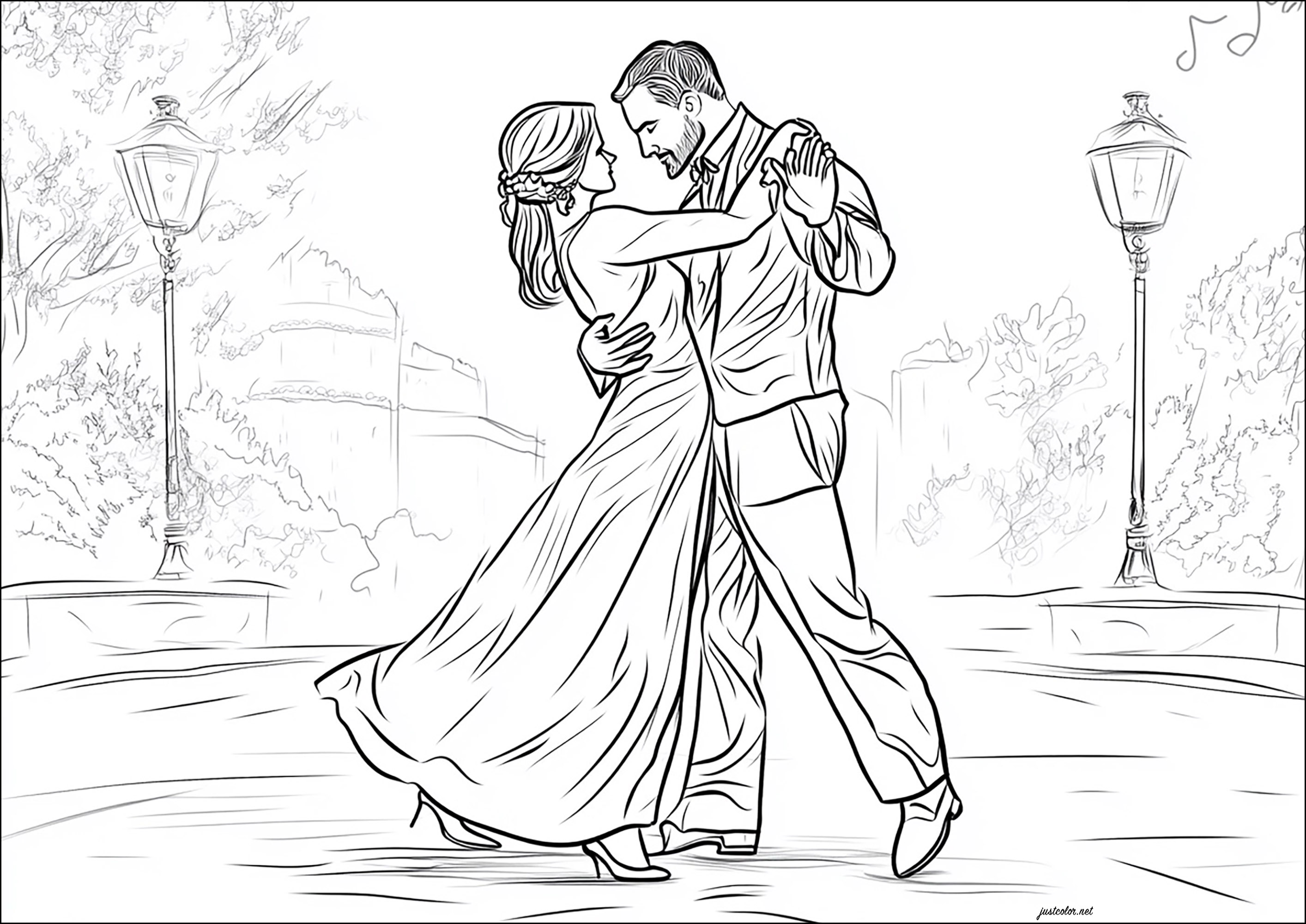 Coppia che balla il tango tra due lampioni (Pagina Ballare da Colorare per bambini)
