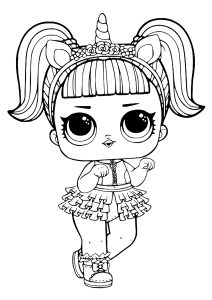 Pagina Bambole LOL Surprise da Colorare per bambini : LOL doll con un cerchietto con un corno di unicorno.