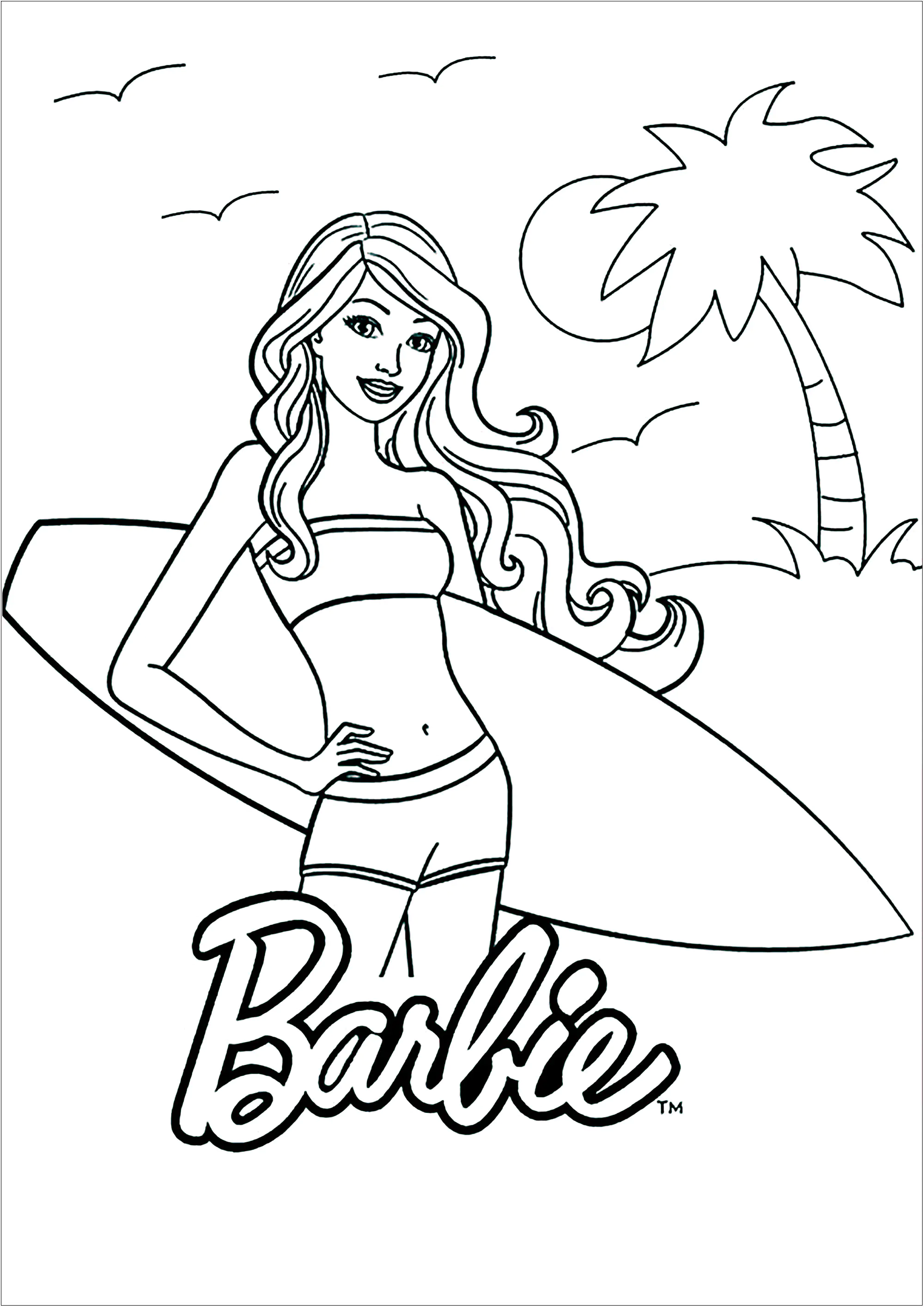 Barbie è pronta a fare surf su una bella spiaggia. (Pagina da Colorare per bambini)