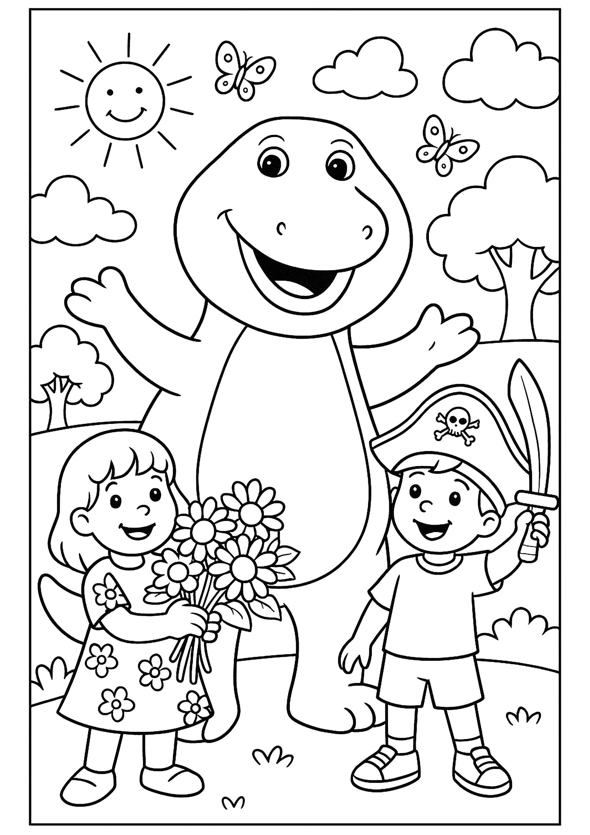 Barney e due bambini (Pagina da Colorare per bambini)