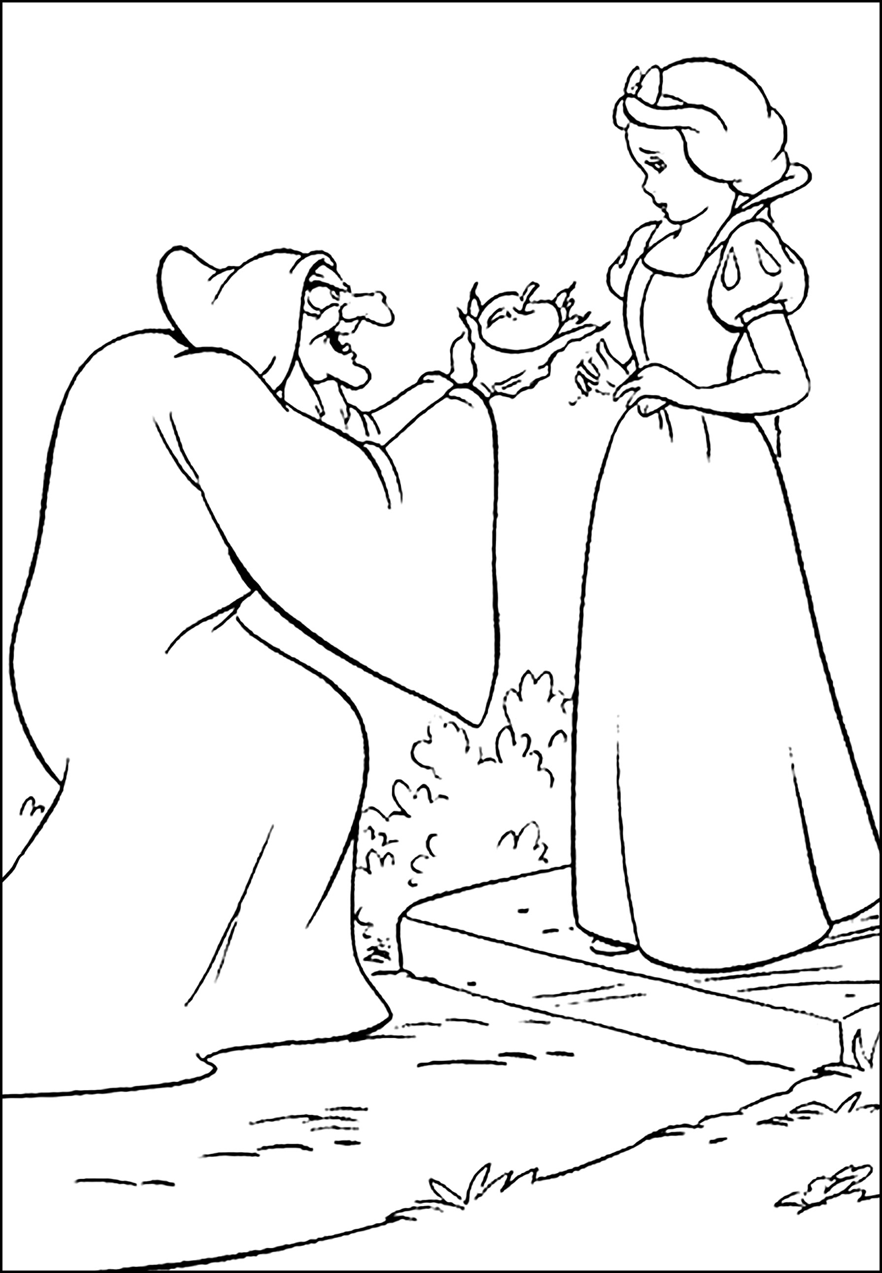 Pagina Biancaneve da Colorare : Blanche Neige accetterà questa mela avvelenata? Pagina Biancaneve da Colorare per bambini : Blanche Neige accetterà questa mela avvelenata?