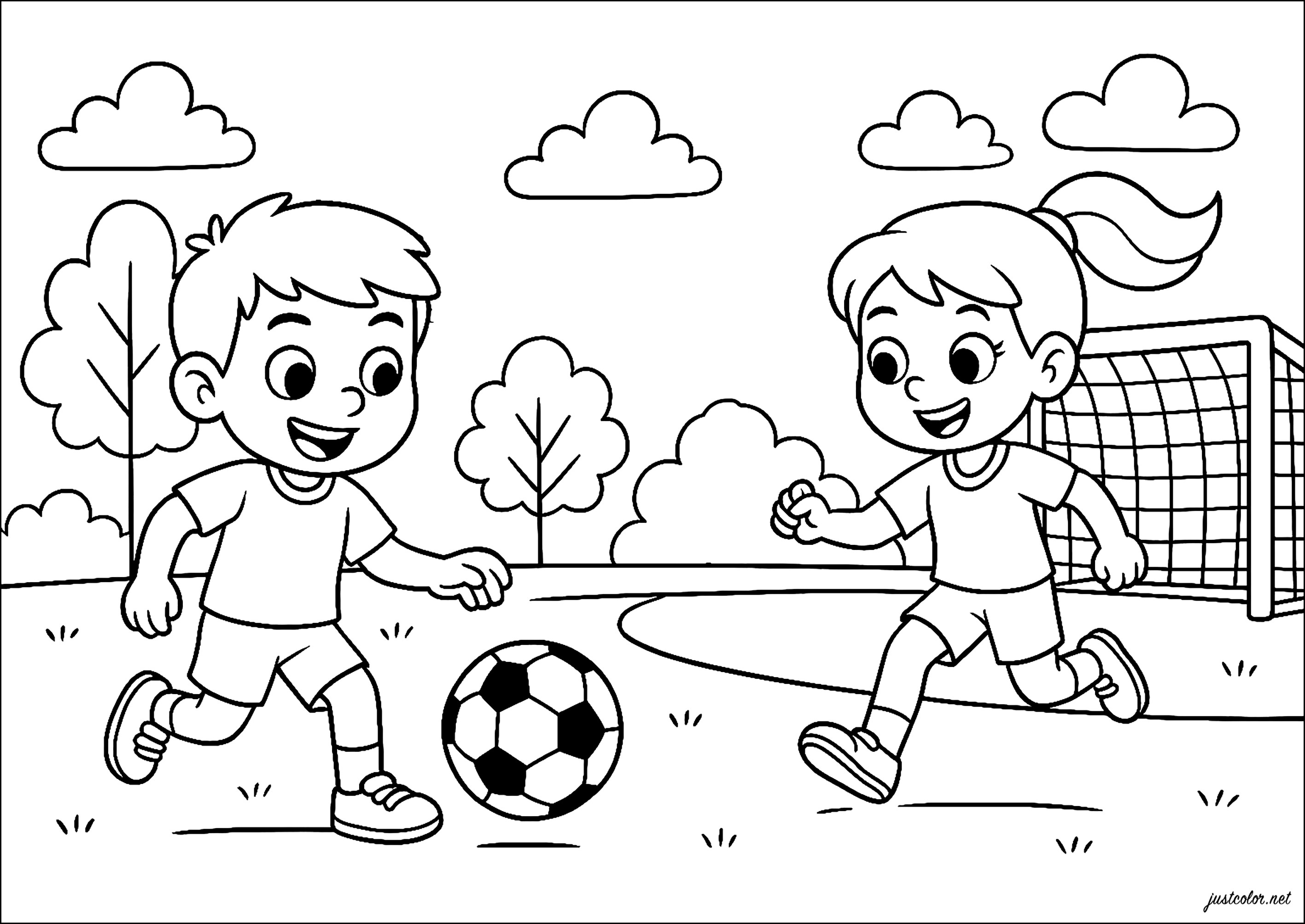 Amici che si divertono a giocare a Calcio - Pagine Calcio da Colorare, image size:2834x2006