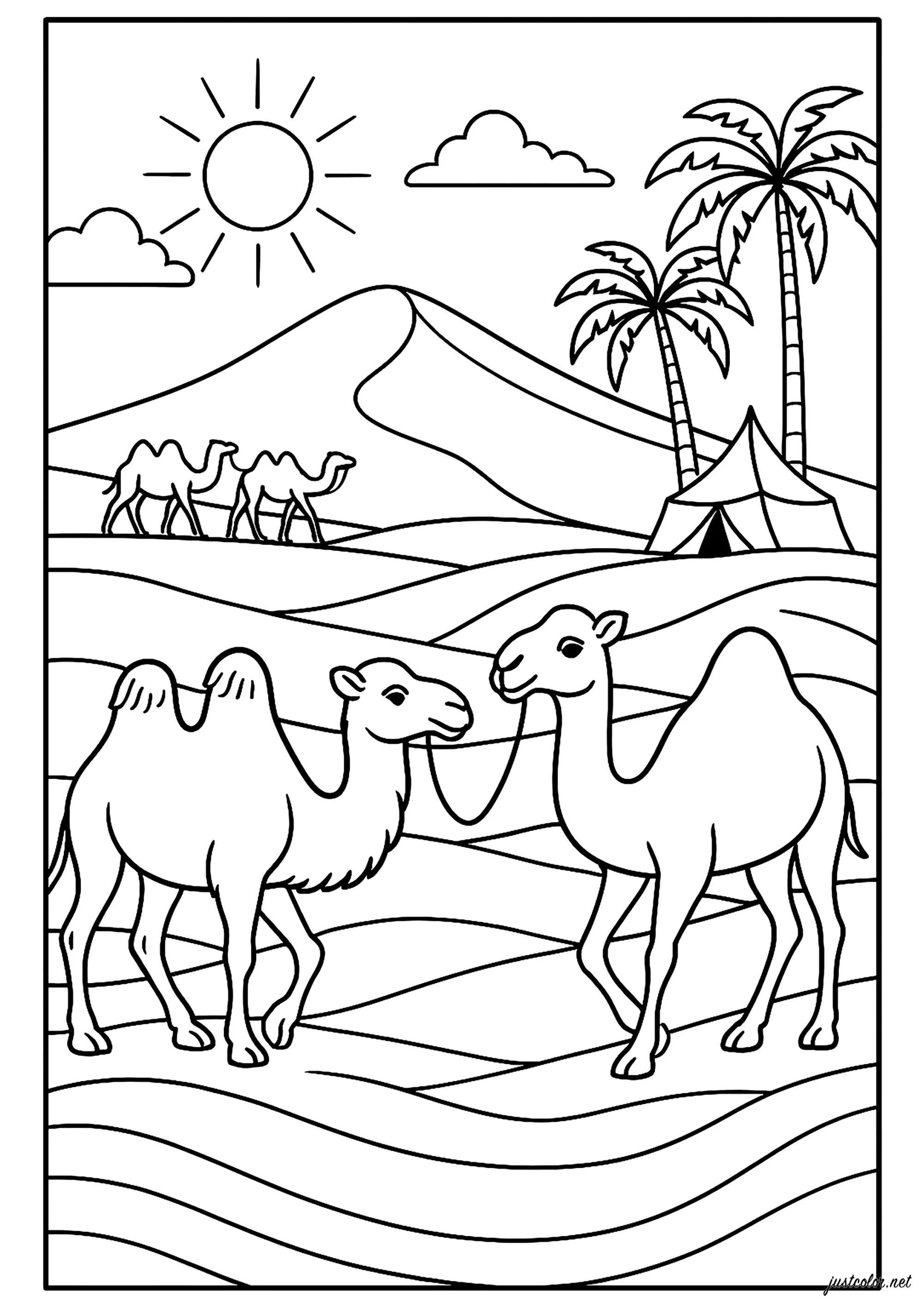 Due cammelli nel deserto (Pagina Camelli e Dromedari da Colorare per bambini)