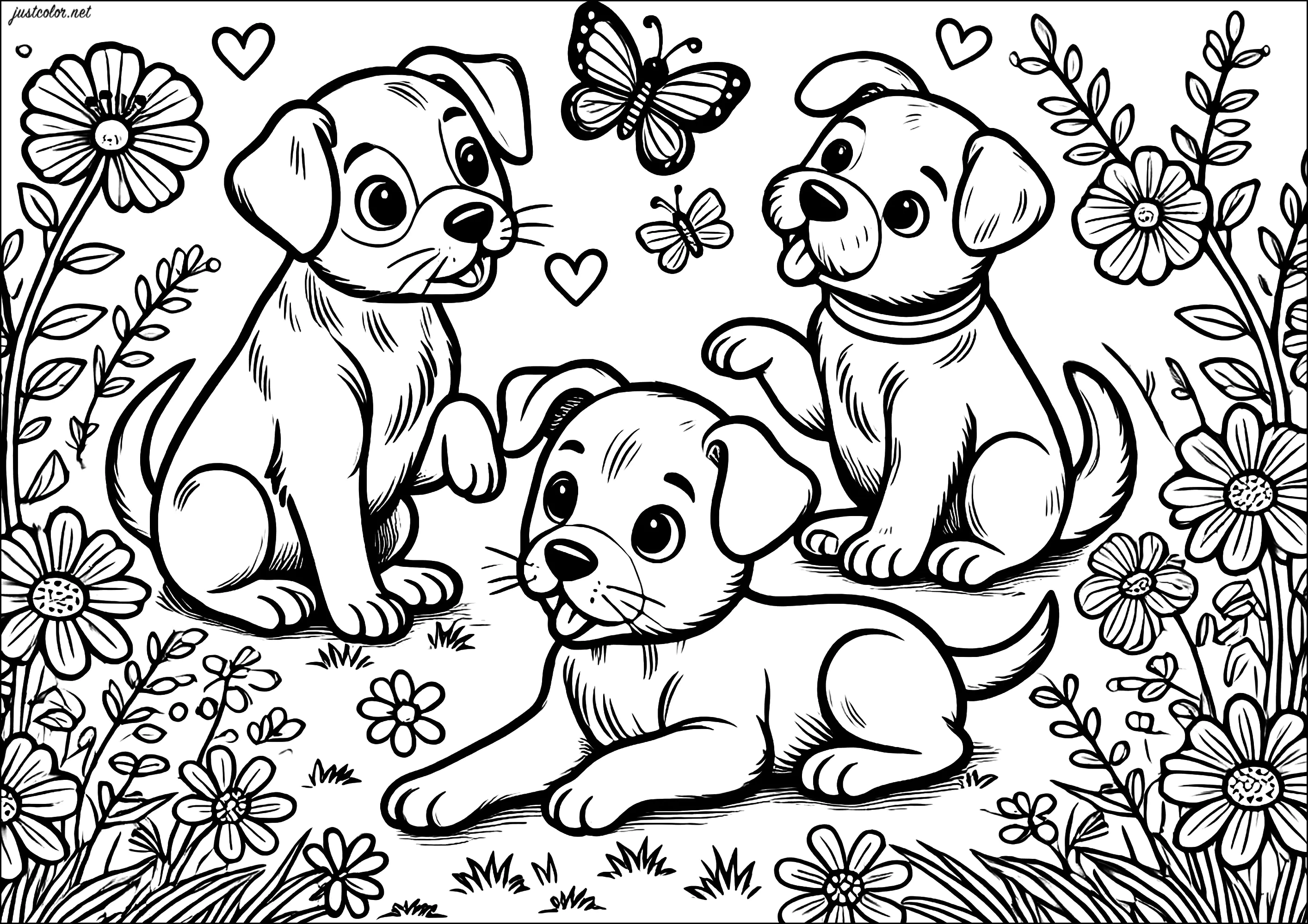 Tre cuccioli che giocano tra i fiori (Pagina Cani da Colorare per bambini)