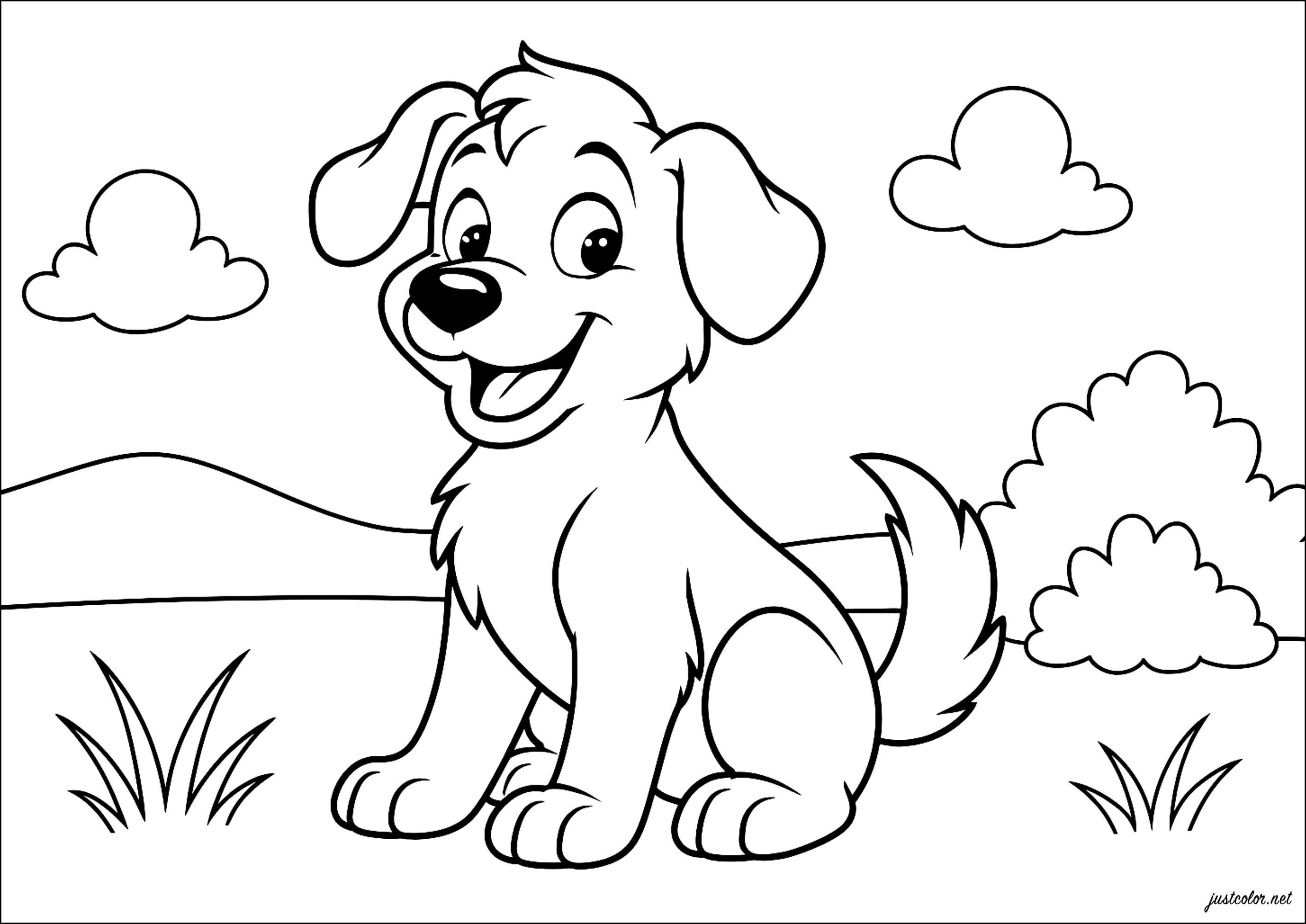 Adorabile cucciolo che gioca nel parco (Pagina Cani da Colorare per bambini)