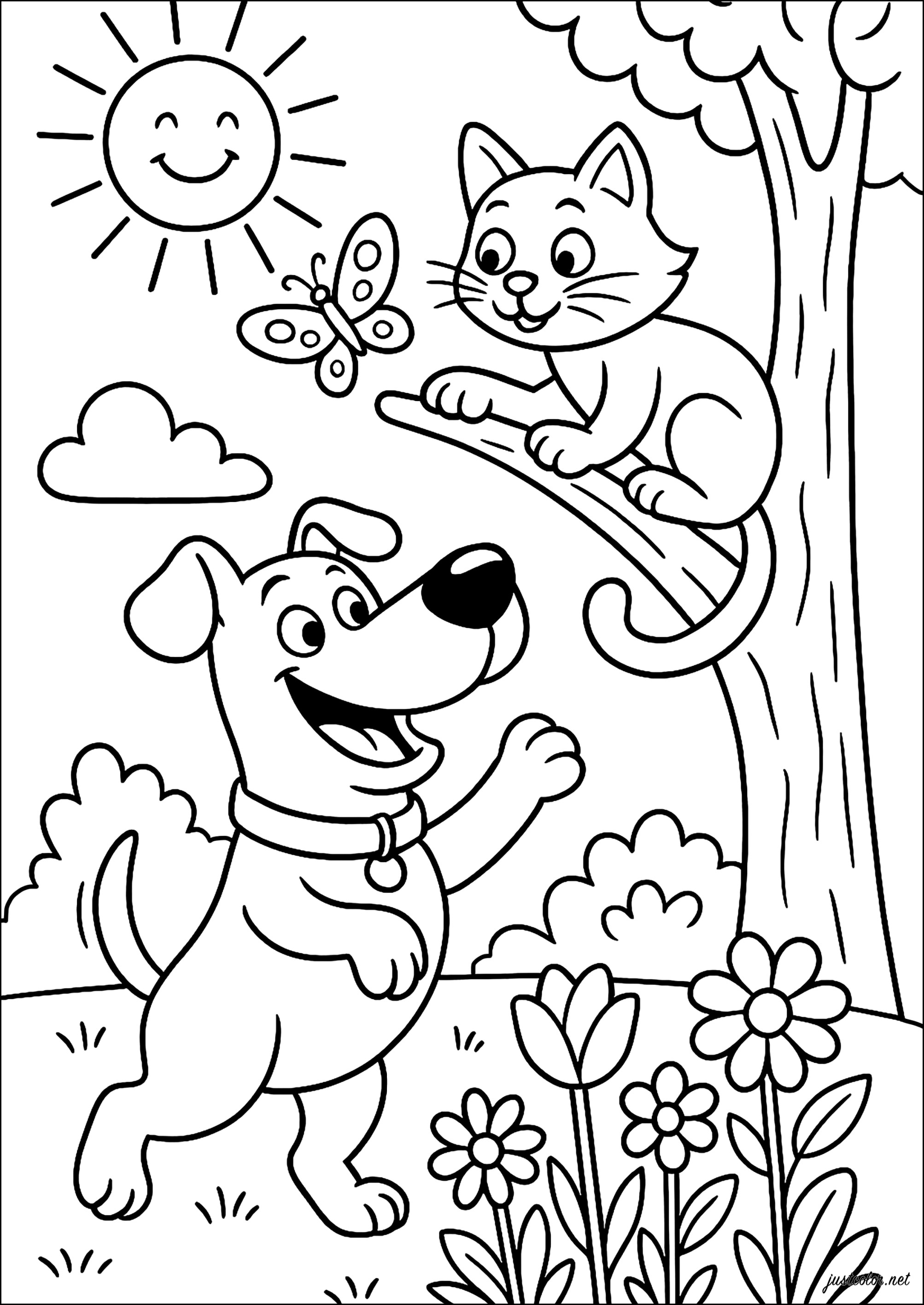 Amicizia tra un cane allegro e un gatto su un ramo (Pagina Cani da Colorare per bambini)