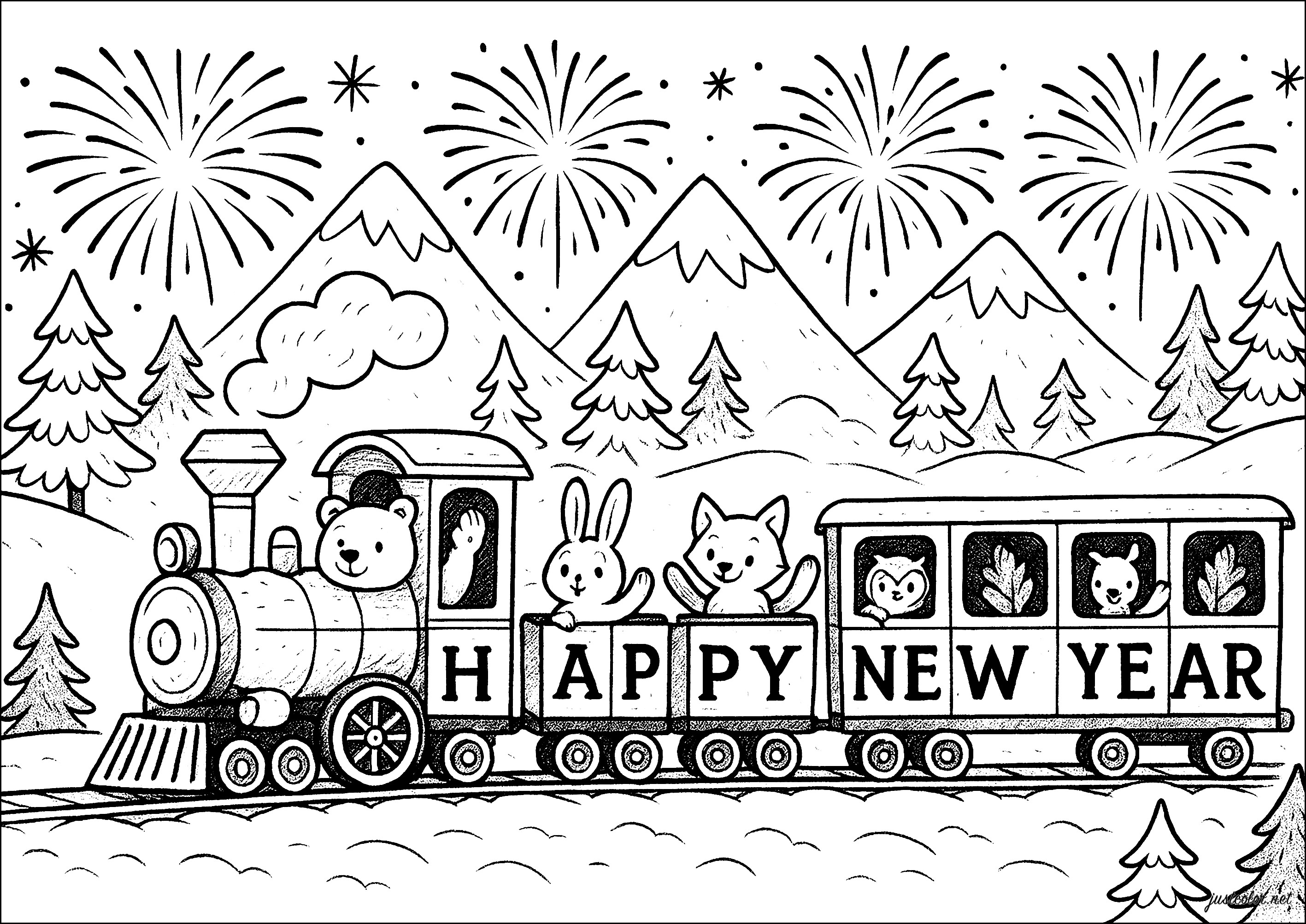 Divertente avventura in treno (Pagina Capodanno – Buon Anno da Colorare per bambini)