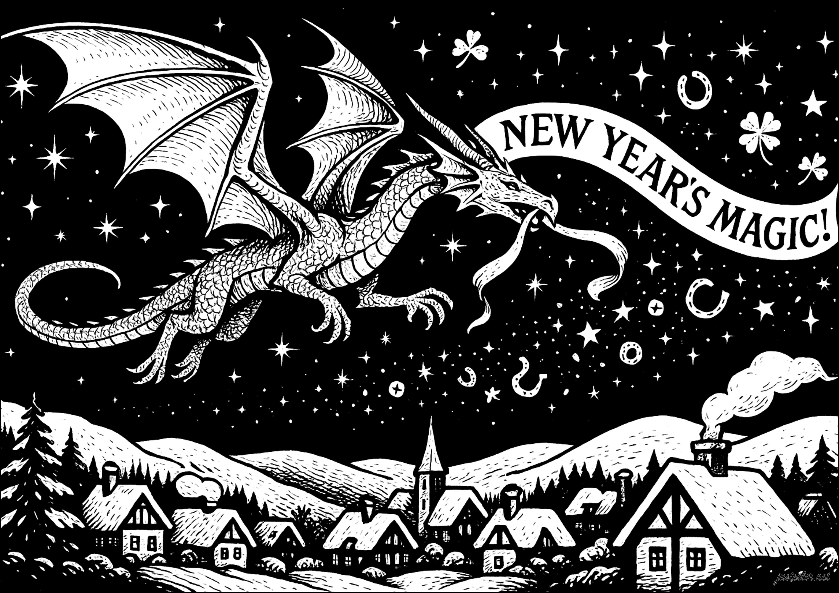 Magia del drago sotto le stelle (Pagina Capodanno – Buon Anno da Colorare per bambini)
