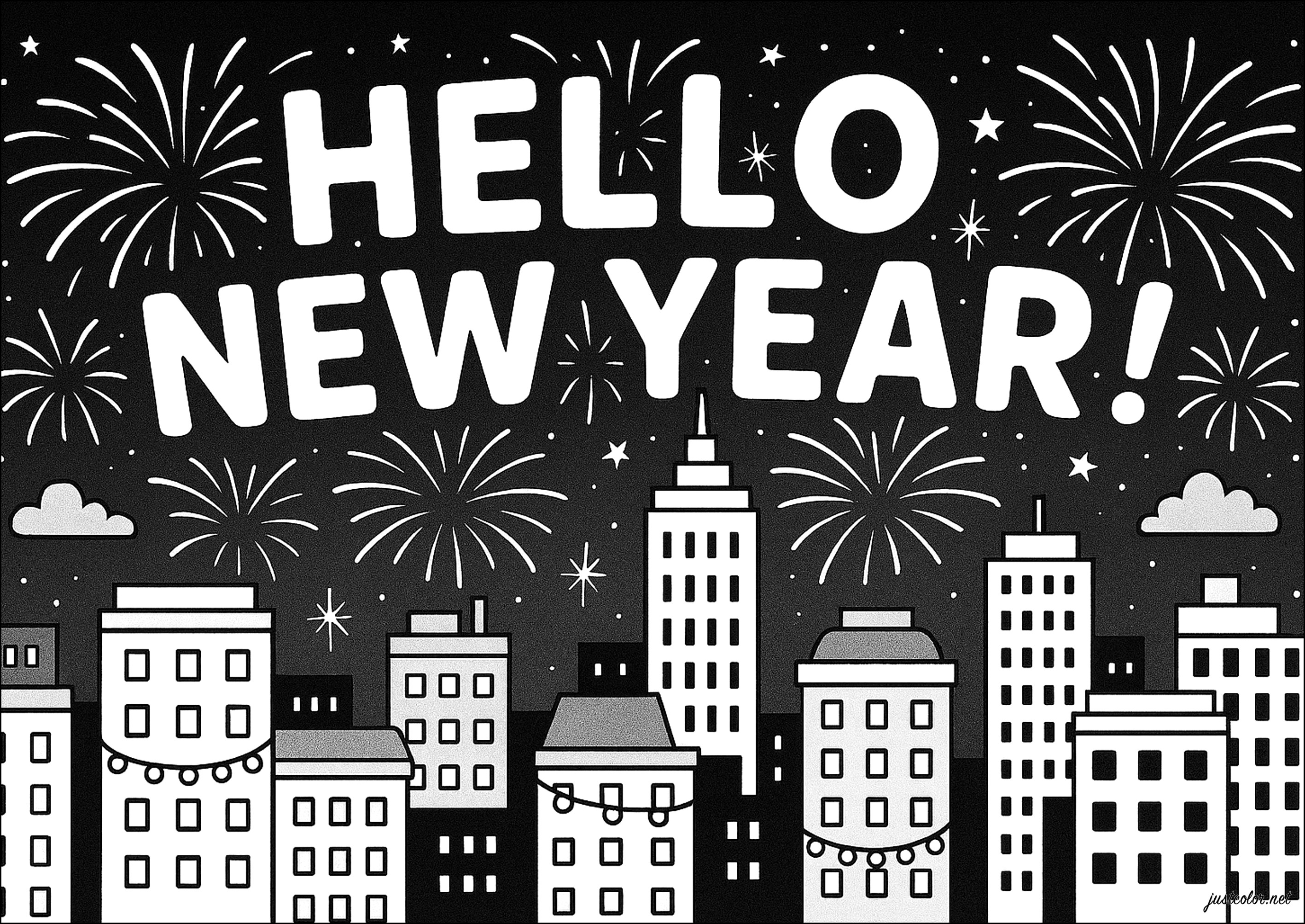 Festa urbana sotto le stelle (Pagina Capodanno – Buon Anno da Colorare per bambini)