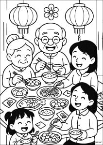 Pasto in famiglia (Pagina Capodanno Cinese da Colorare)