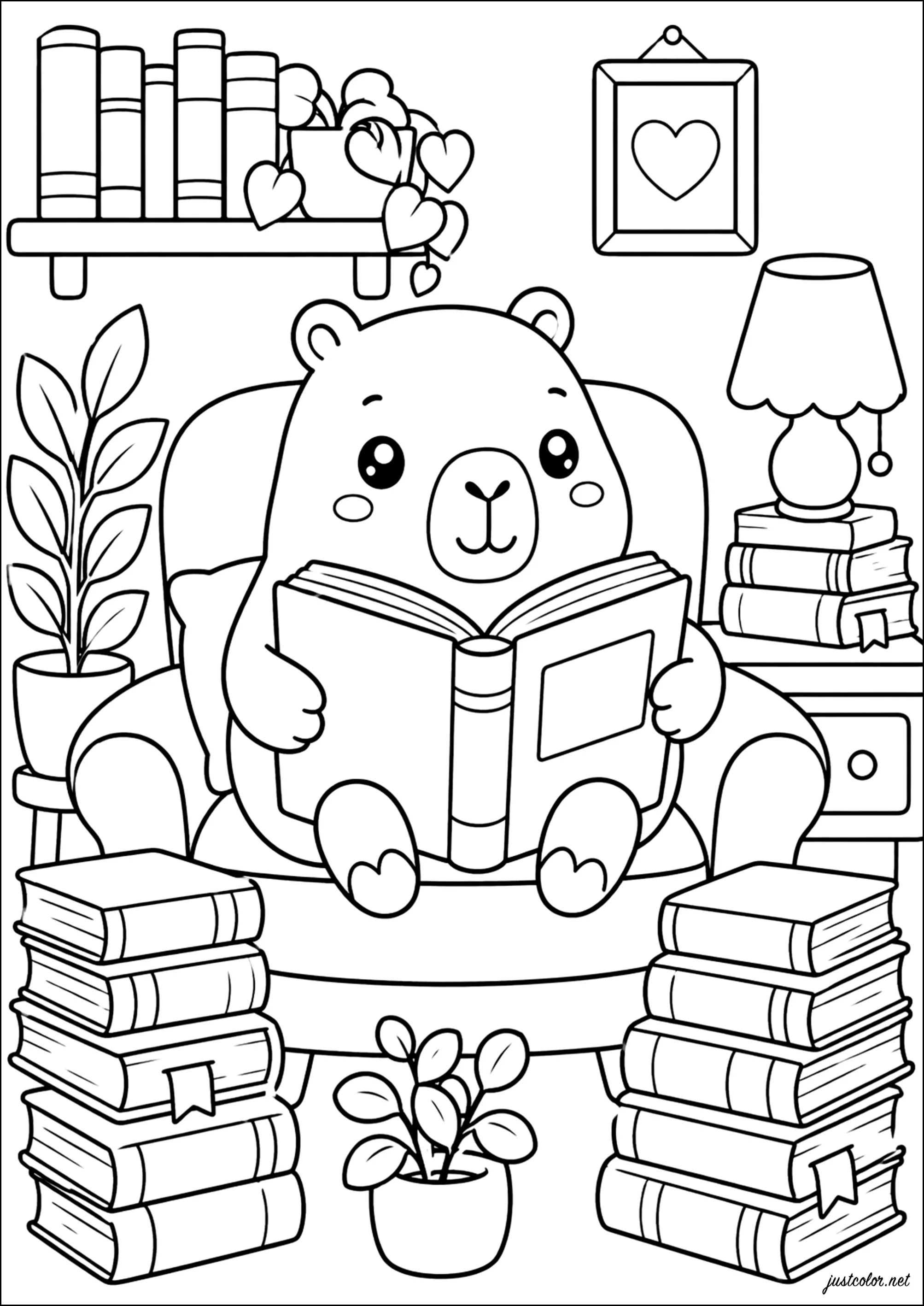 Capibara seduto su una poltrona con un libro (Pagina Capybara da Colorare per bambini)