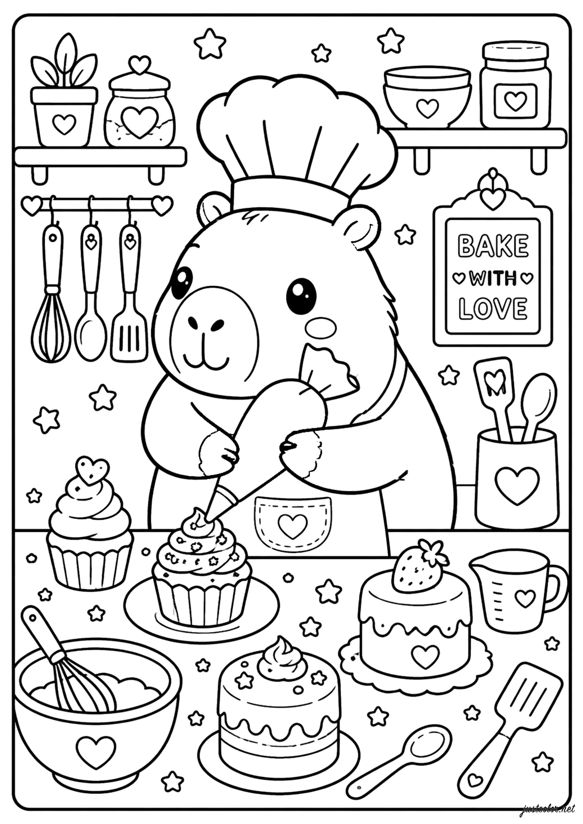 Capibara pasticcere che decora cupcake (Pagina Capybara da Colorare per bambini)