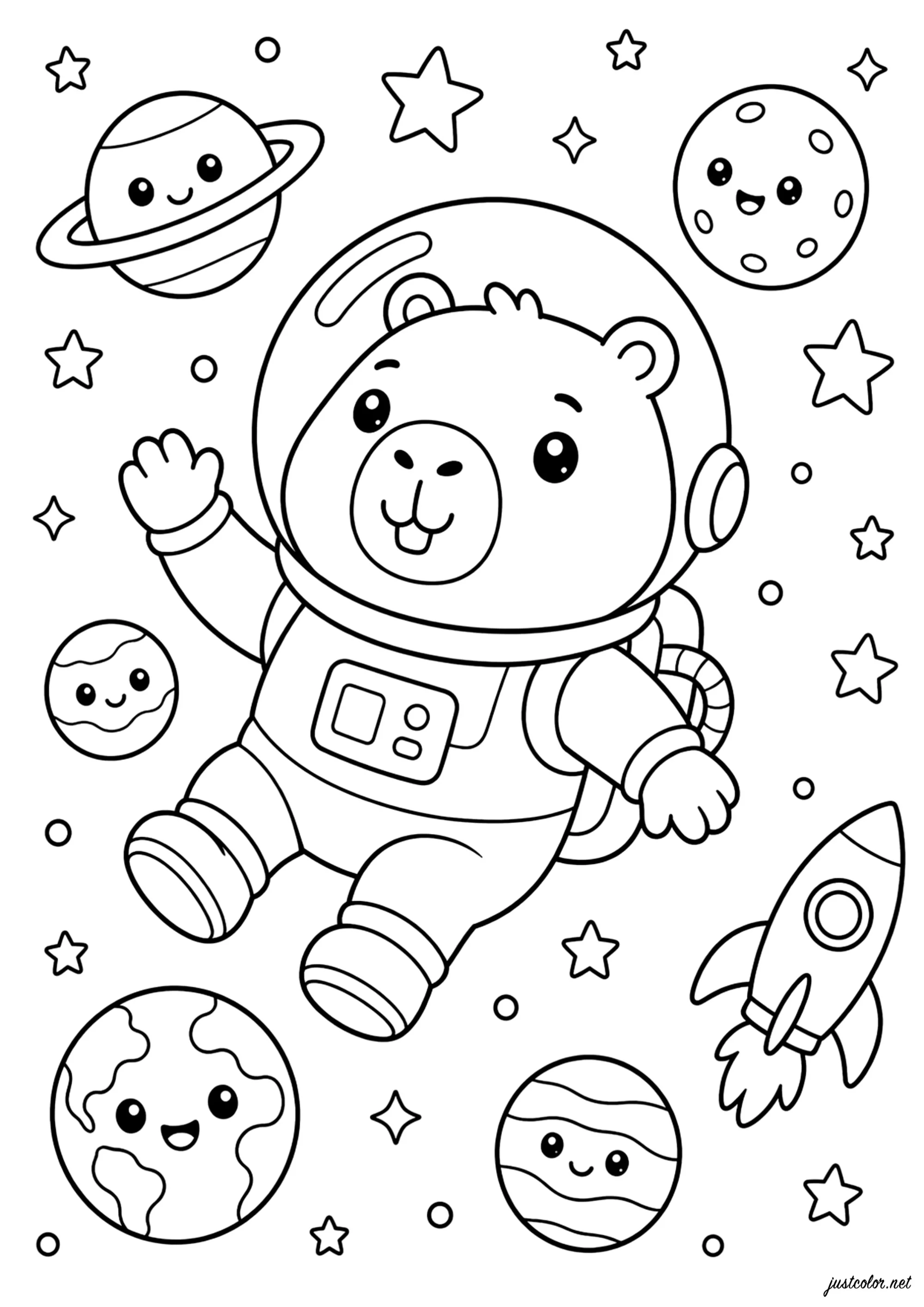 Capibara in tuta spaziale che galleggia (Pagina Capybara da Colorare per bambini)