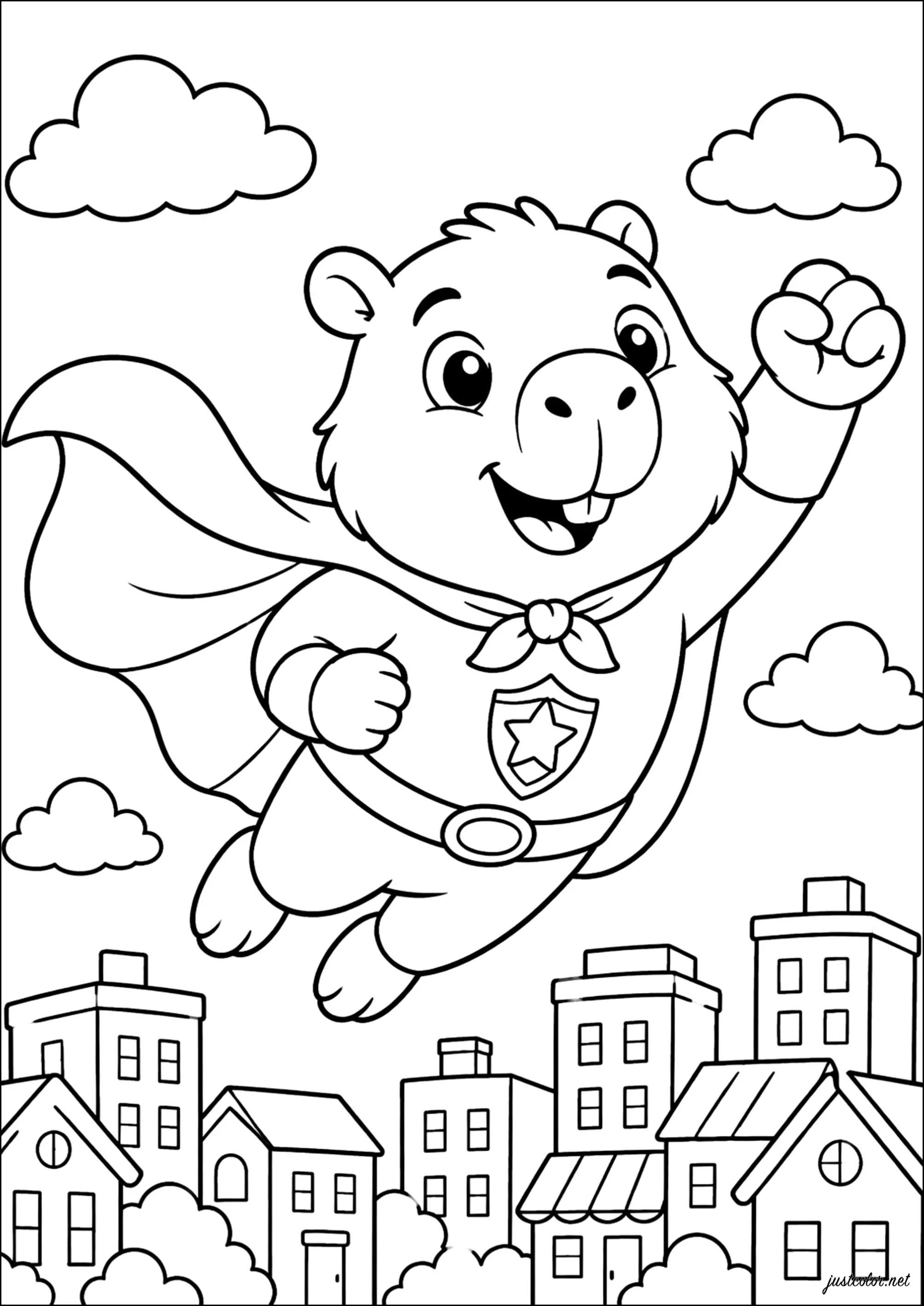 Capibara che vola sopra gli edifici (Pagina Capybara da Colorare per bambini)