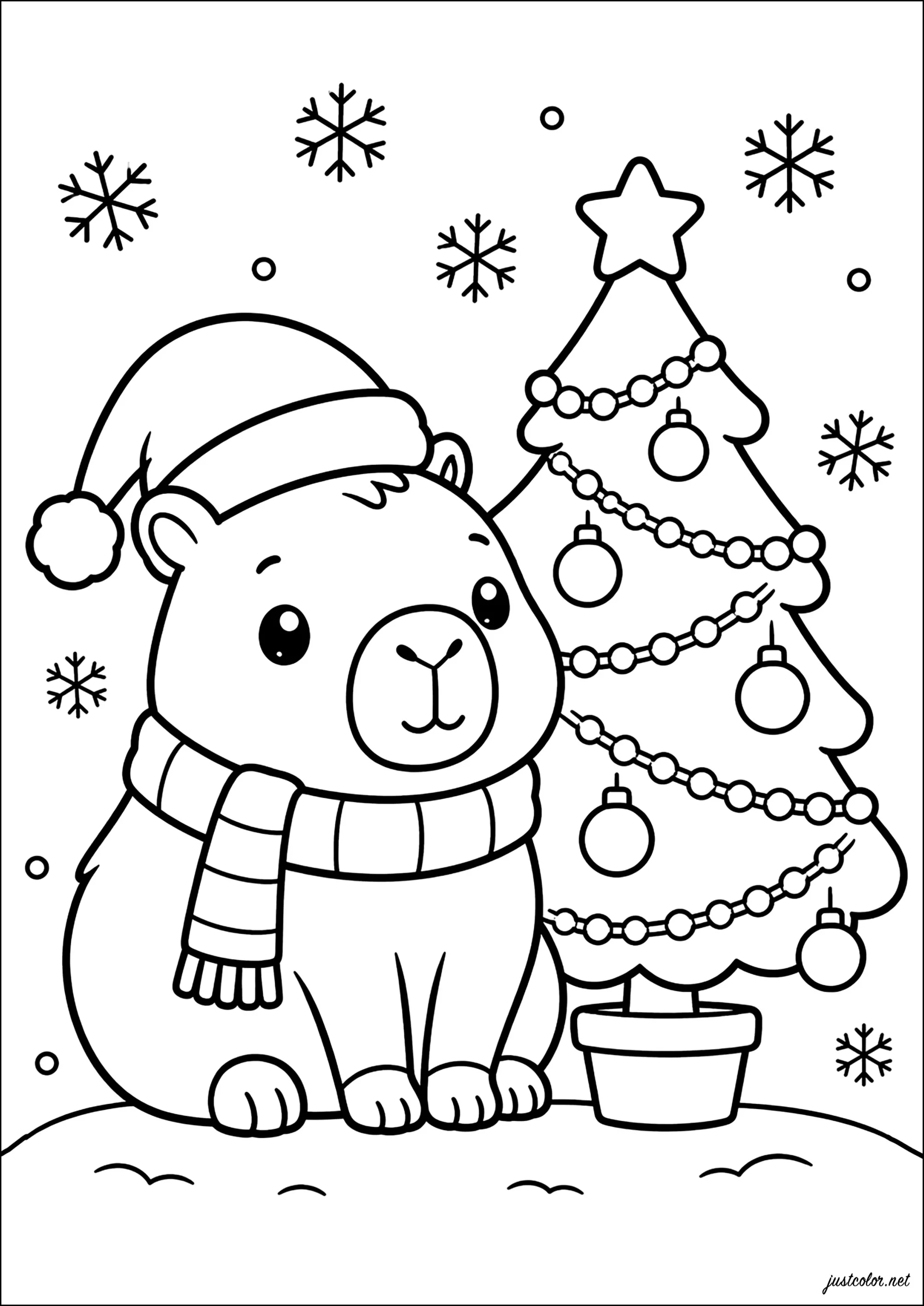Capibara Natale: Bel albero decorato (Pagina Capybara da Colorare per bambini)