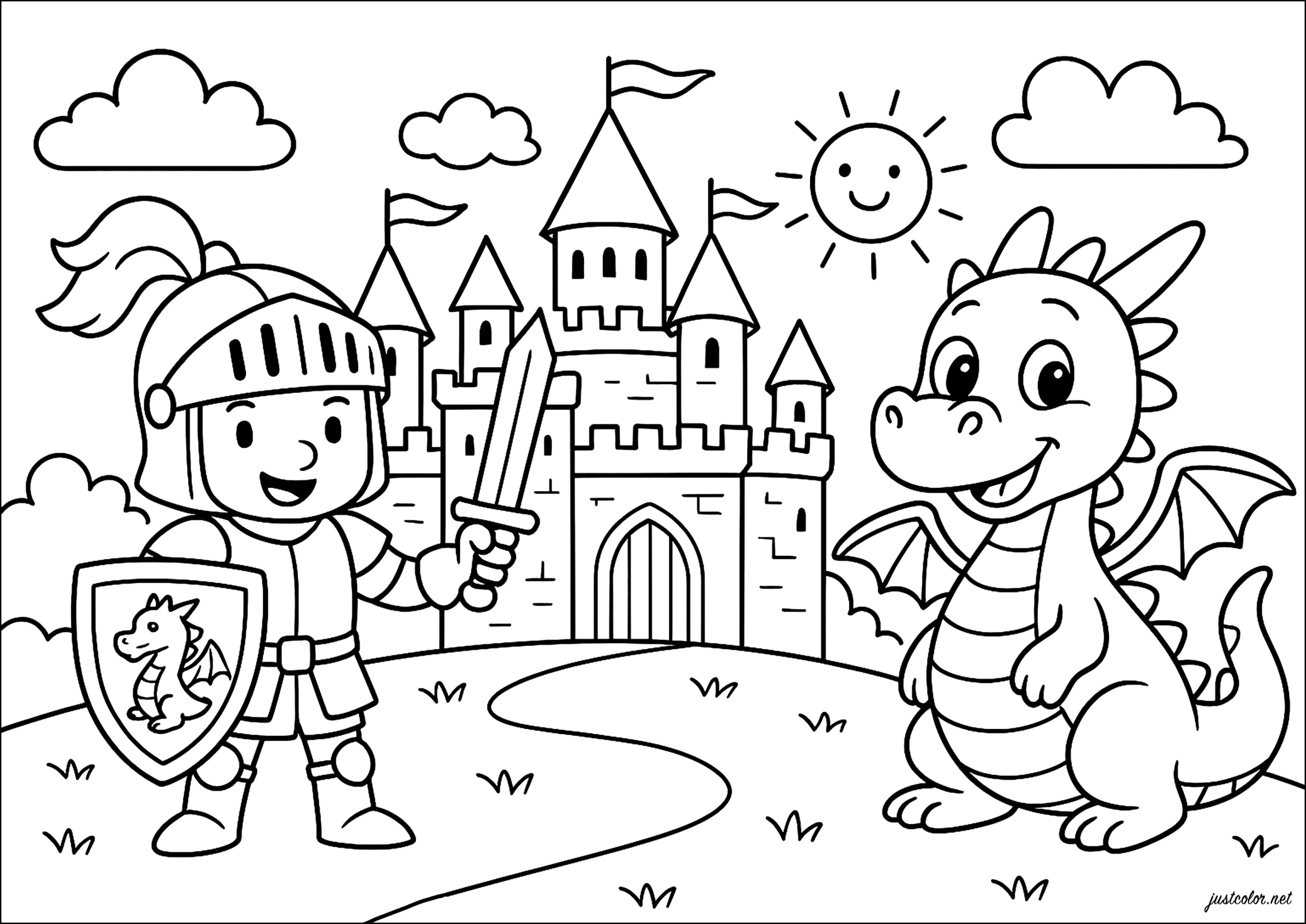Il Cavaliere e il suo Drago Allegro (Pagina Cavalieri e Draghi da Colorare per bambini)