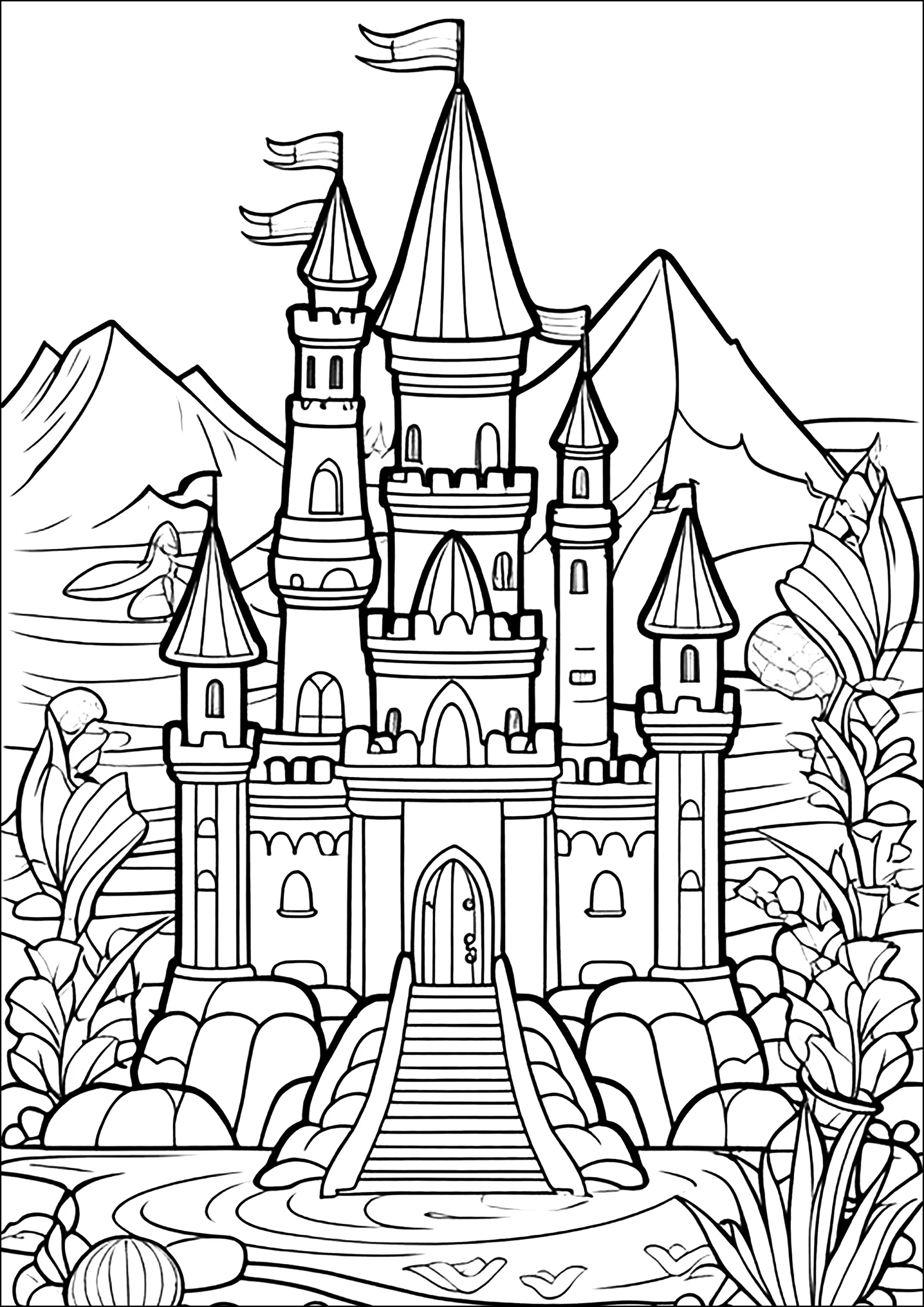 Meraviglioso castello in un paese immaginario. (Pagina Cavalieri e Draghi da Colorare per bambini)