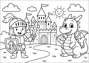 Il Cavaliere e il suo Drago Allegro (Pagina Cavalieri e Draghi da Colorare)