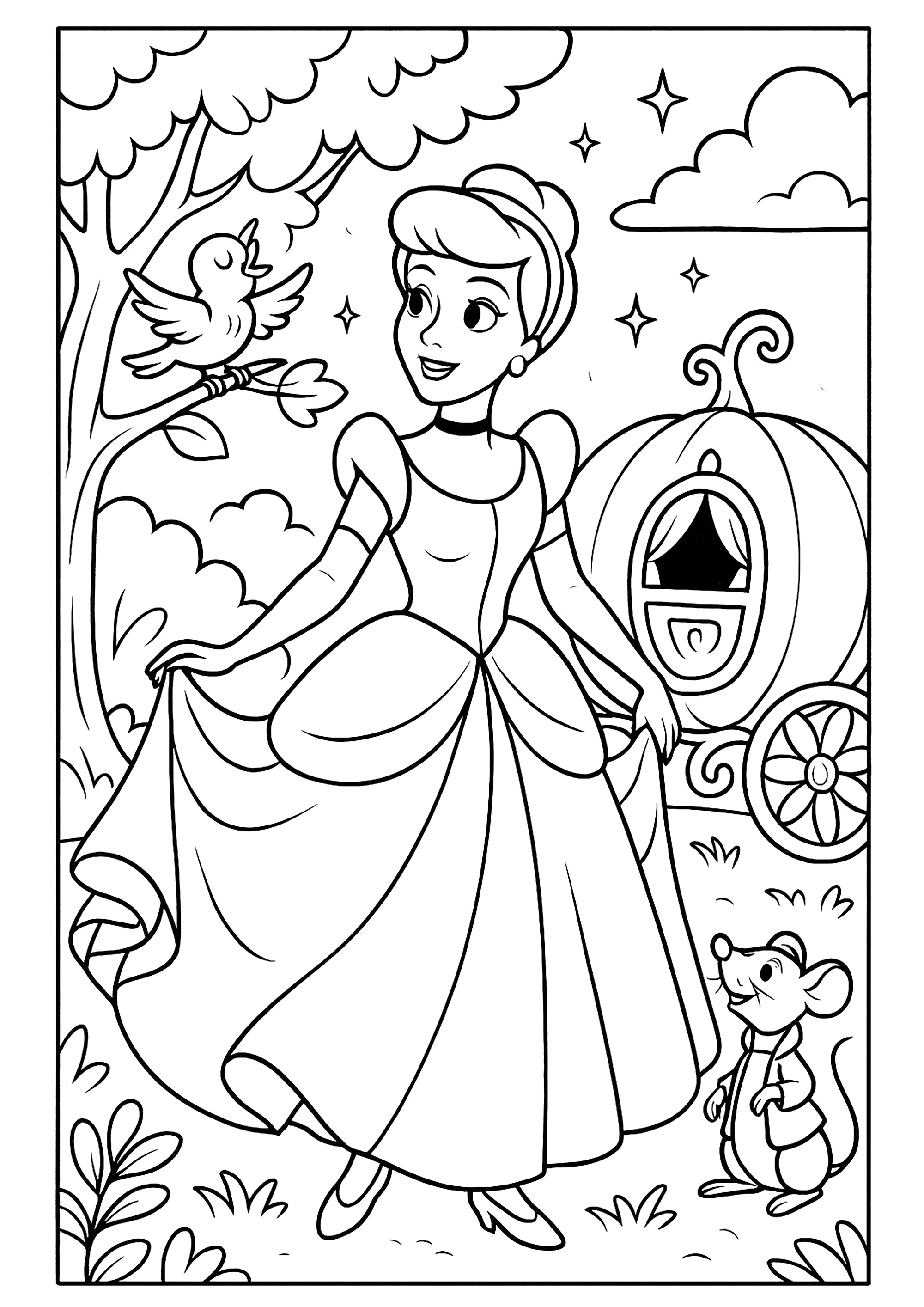 Cenerentola con il suo bel vestito e la sua carrozza (Pagina da Colorare per bambini)