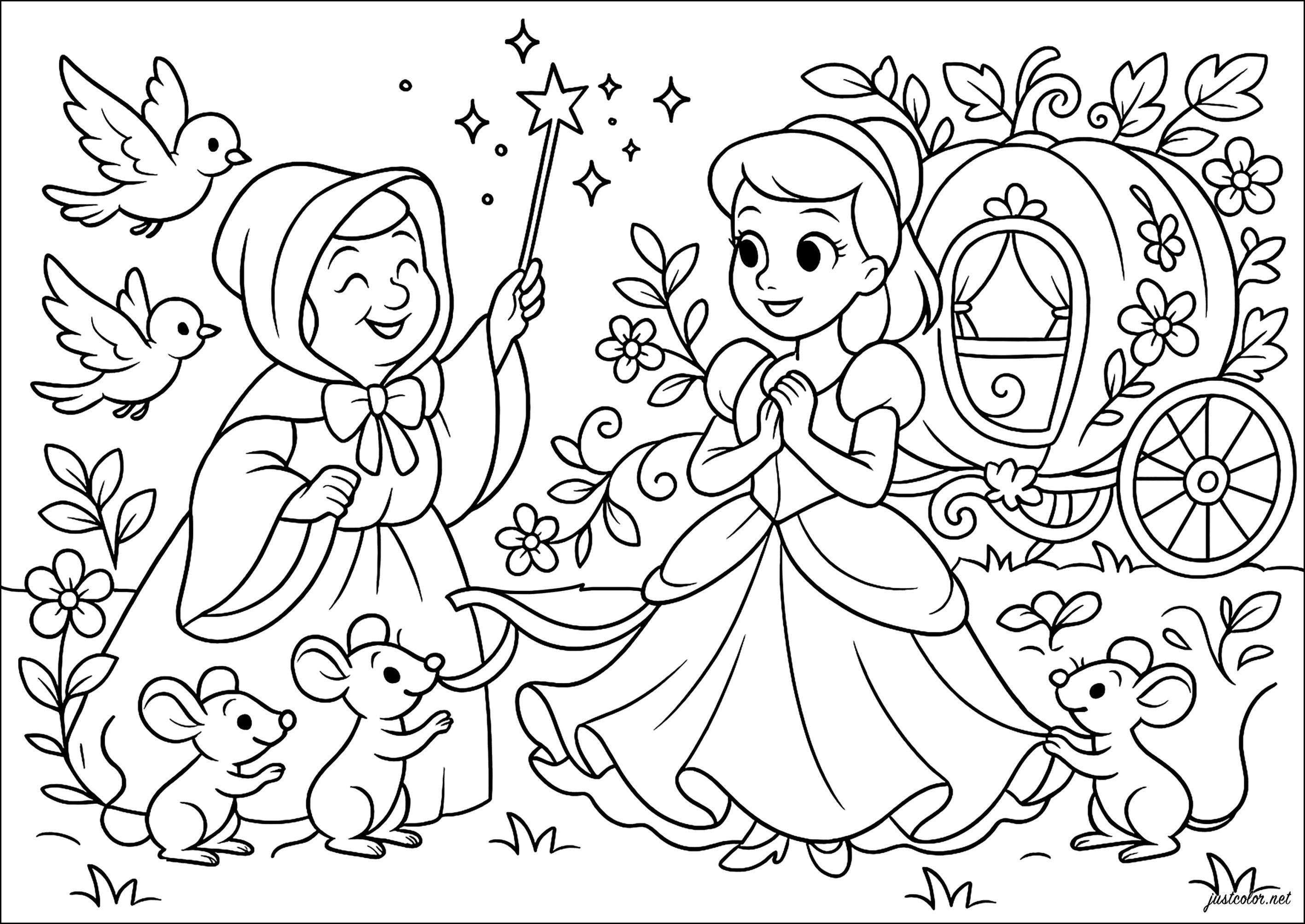 Cenerentola, la fata e la carrozza a forma di zucca (Pagina da Colorare per bambini)