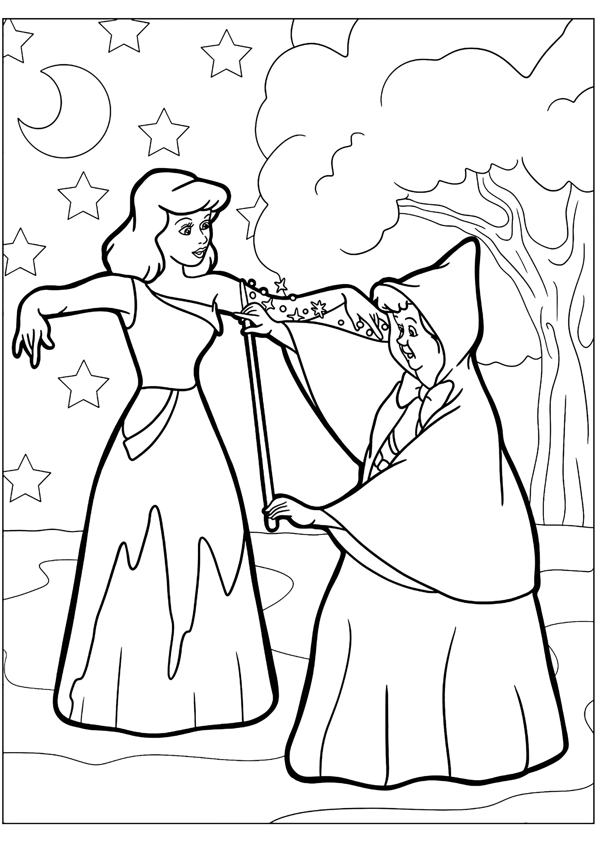 La Fata Madrina vestirà Cenerentola. (Pagina da Colorare per bambini)