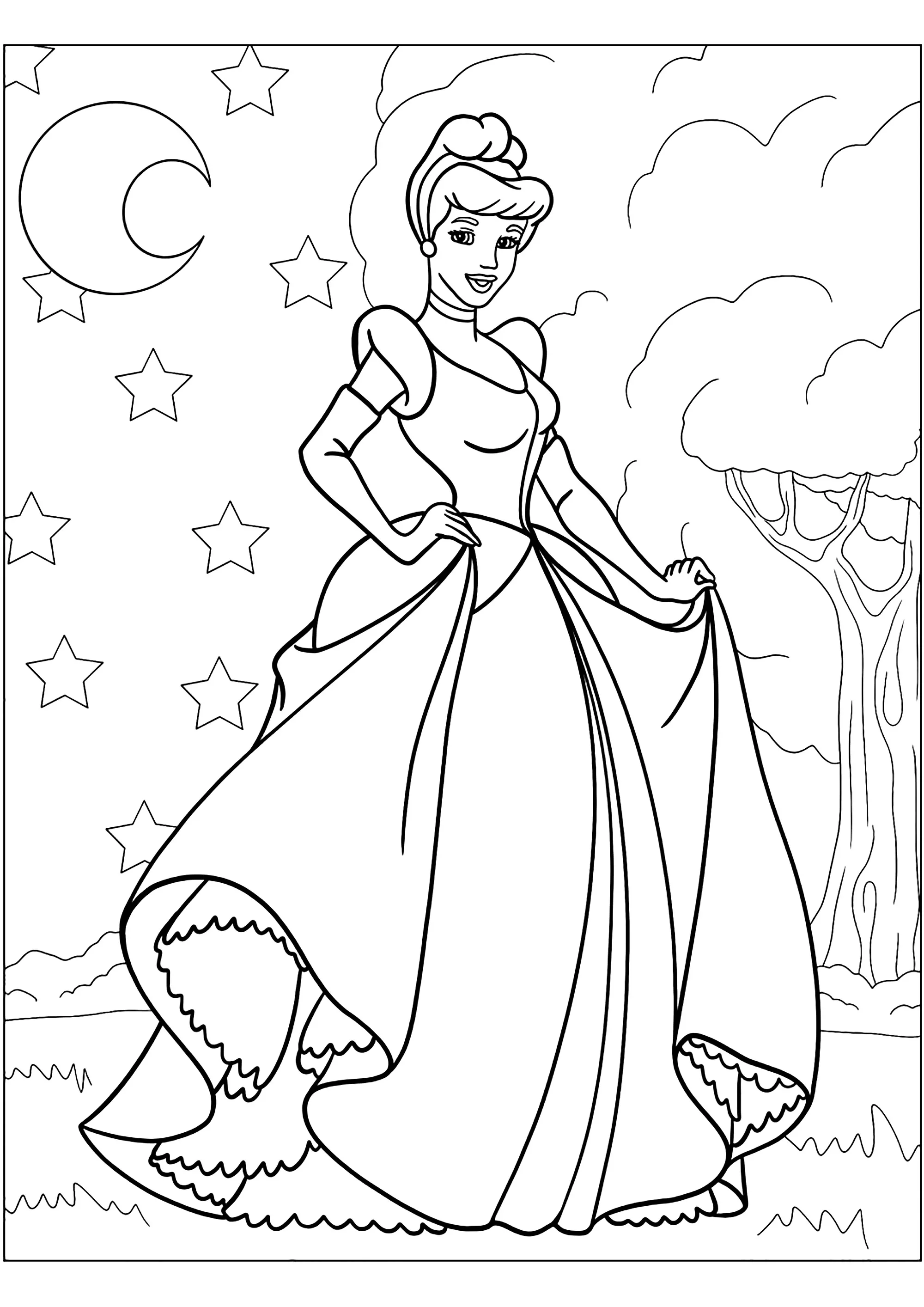 Cenerentola e un cielo stellato (Pagina da Colorare per bambini)