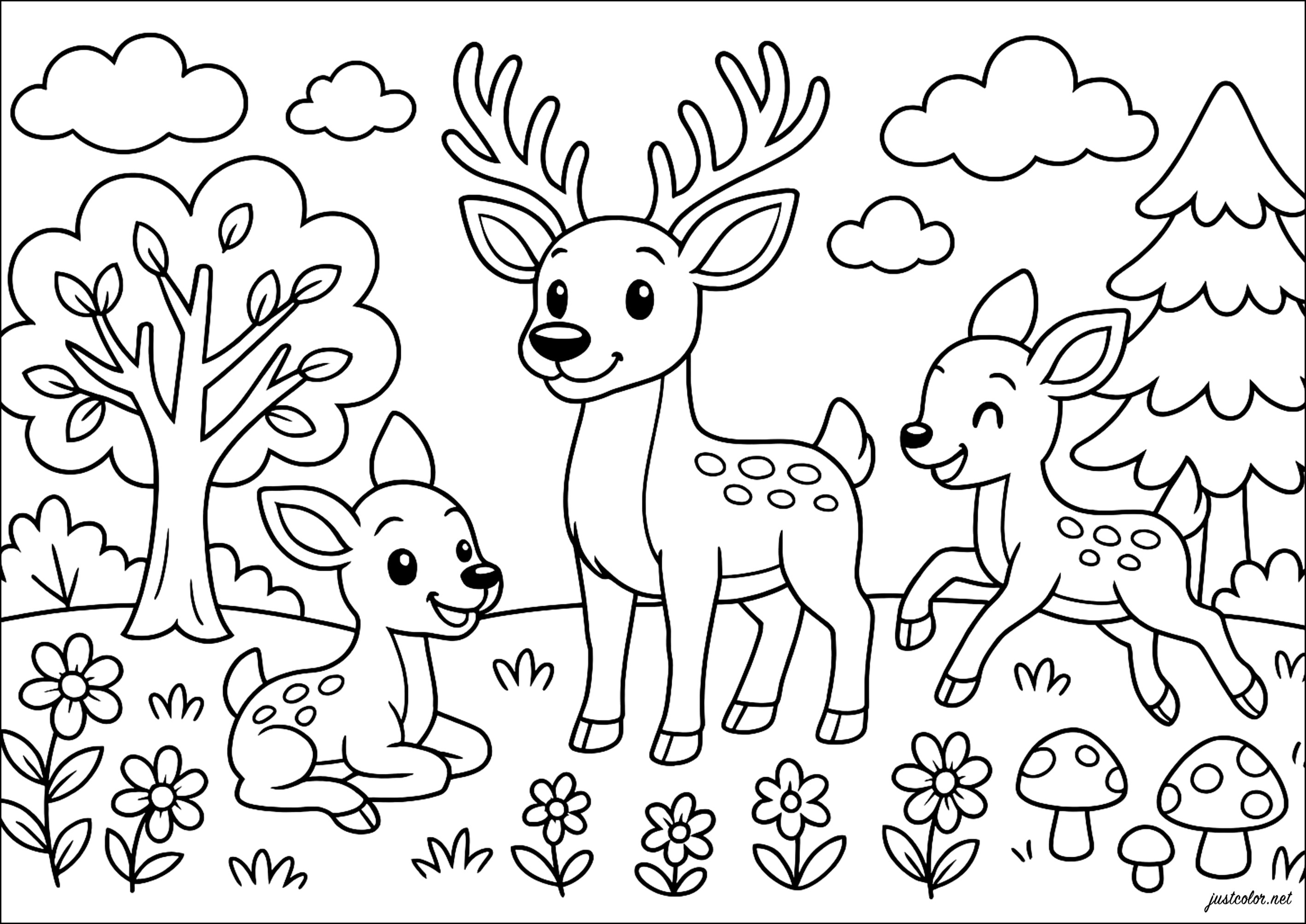 Famiglia di Cervi nella foresta (Pagina da Colorare per bambini)