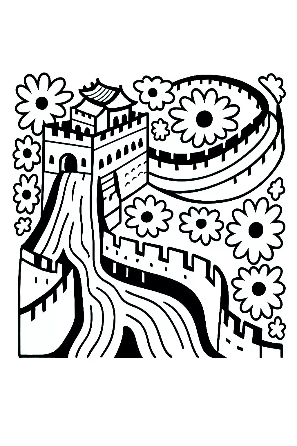 Disegno della Grande Muraglia Cinese, in uno stile molto particolare (Pagina Cina da Colorare per bambini)